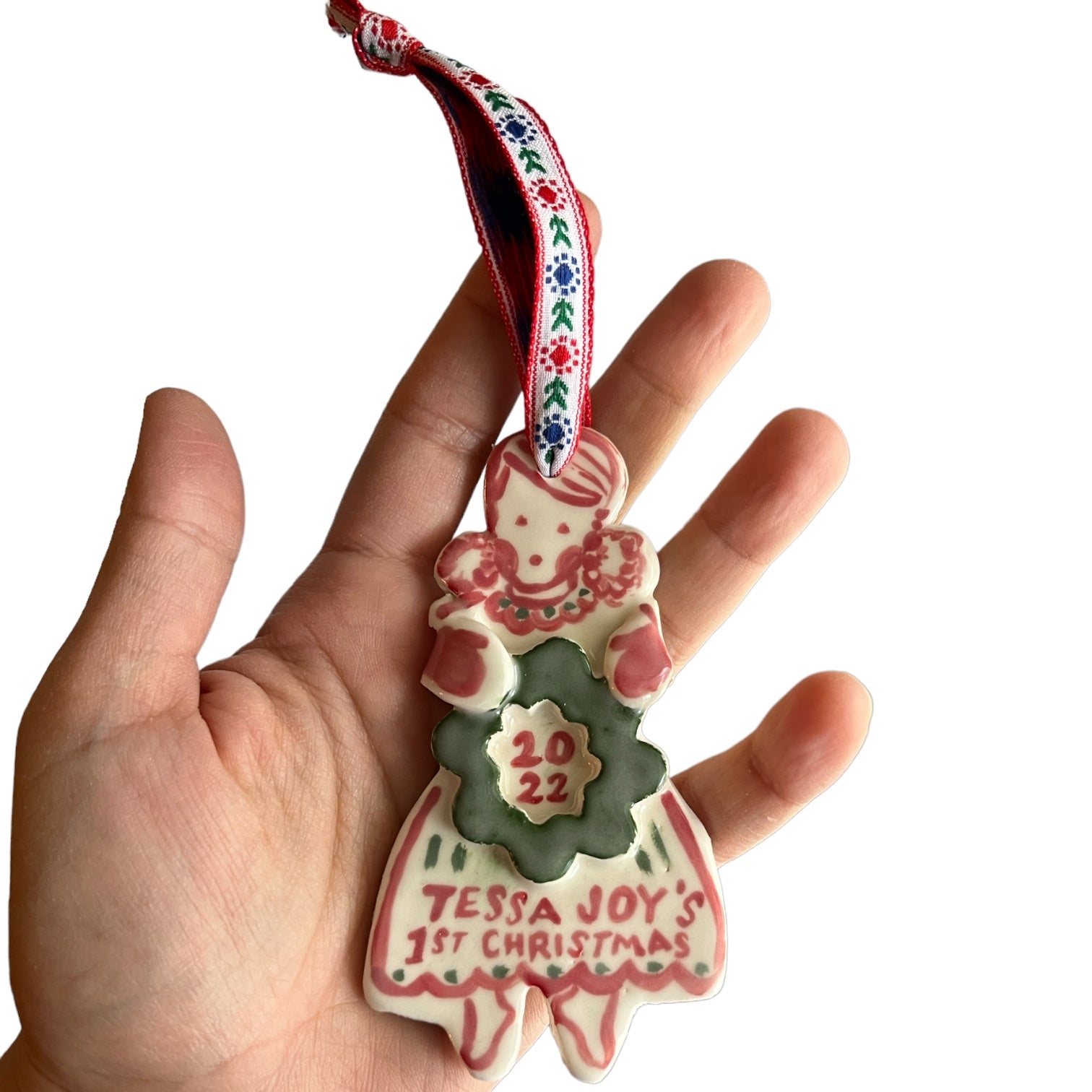 Baby's First Christmas Ornament - red with wreath - Premium  from Tricia Lowenfield Design 