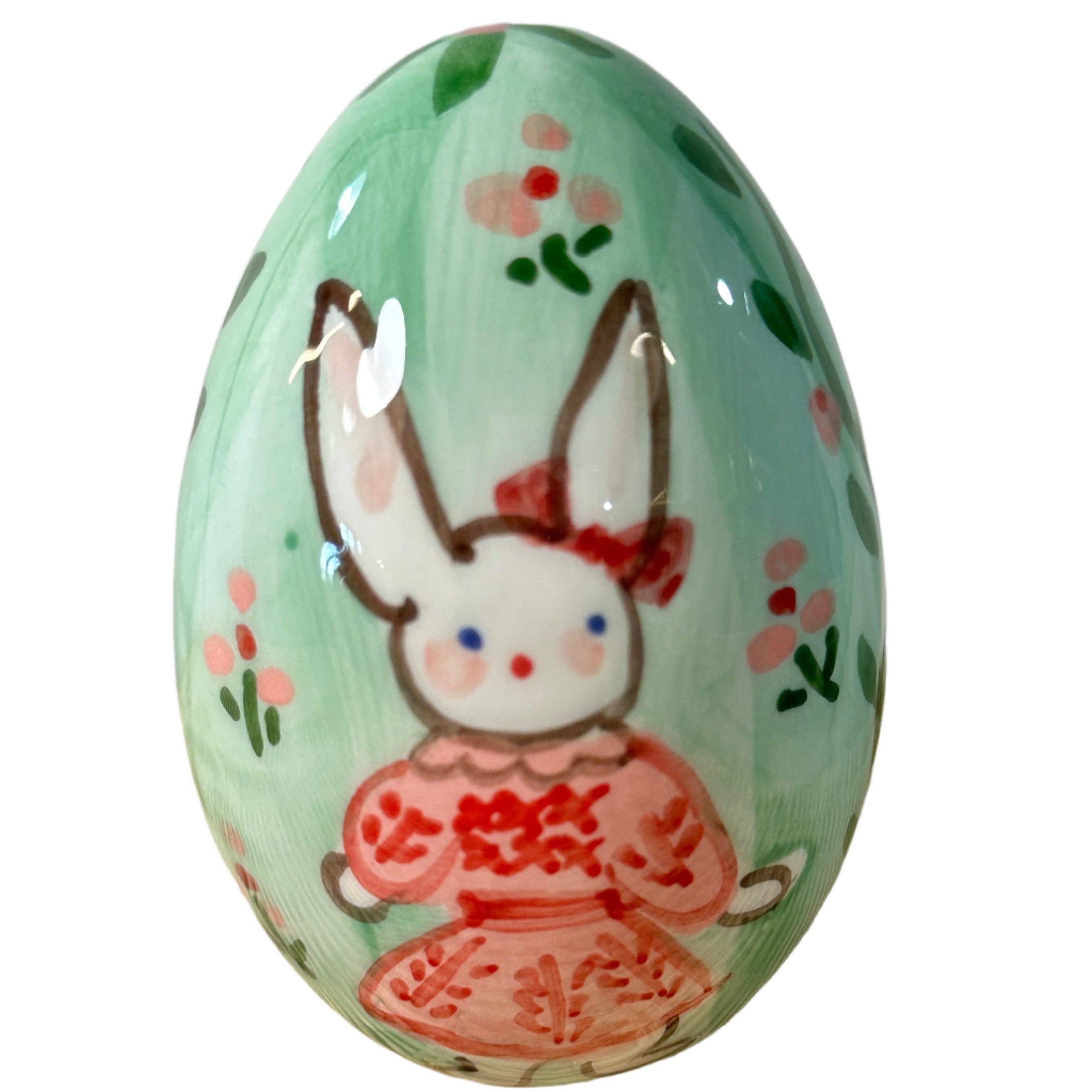 Handpainted Easter Egg - Green with Red Bunny Girl - Premium from Tricia Lowenfield Design