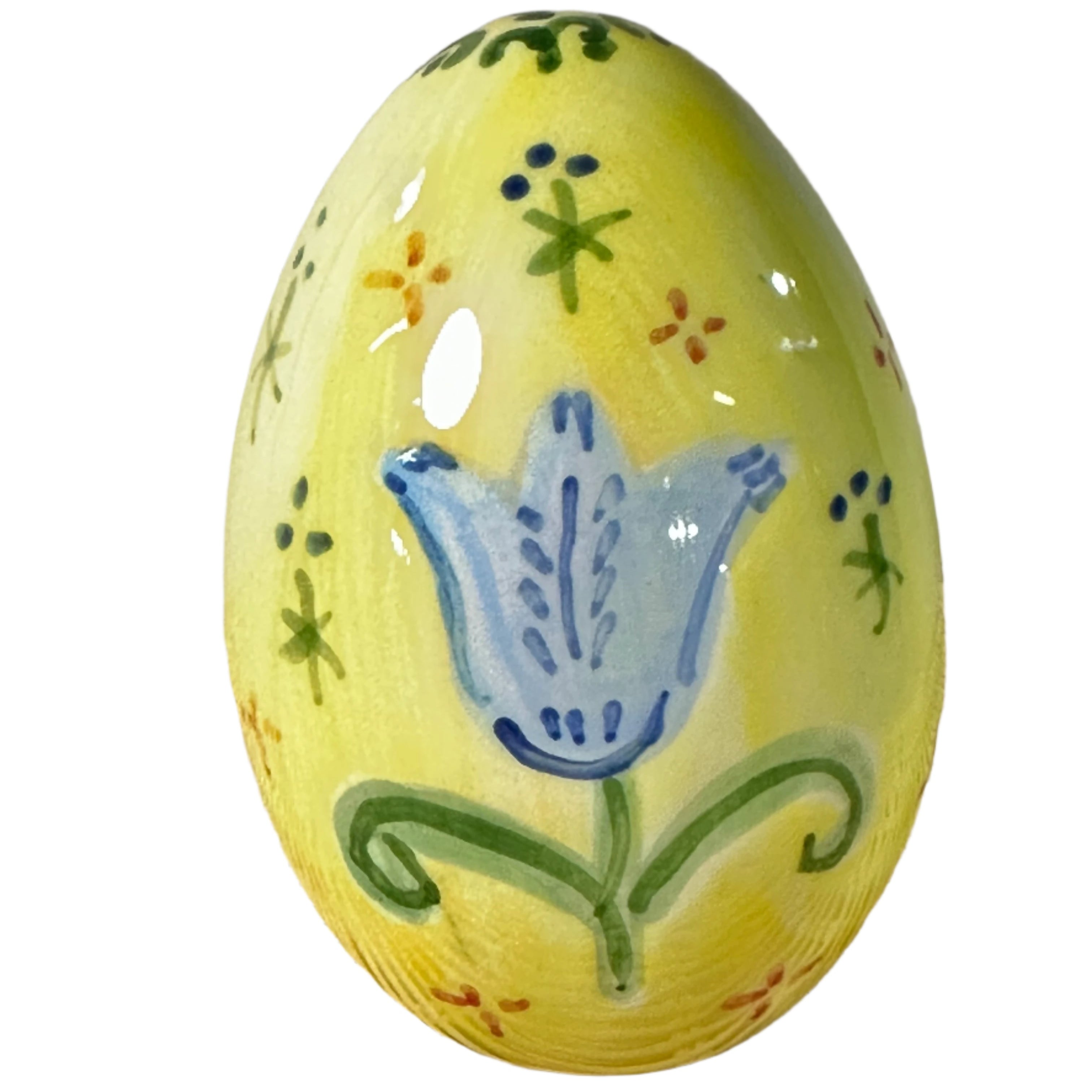 Handpainted Easter Egg - Yellow with Blue Tulip - Premium from Tricia Lowenfield Design