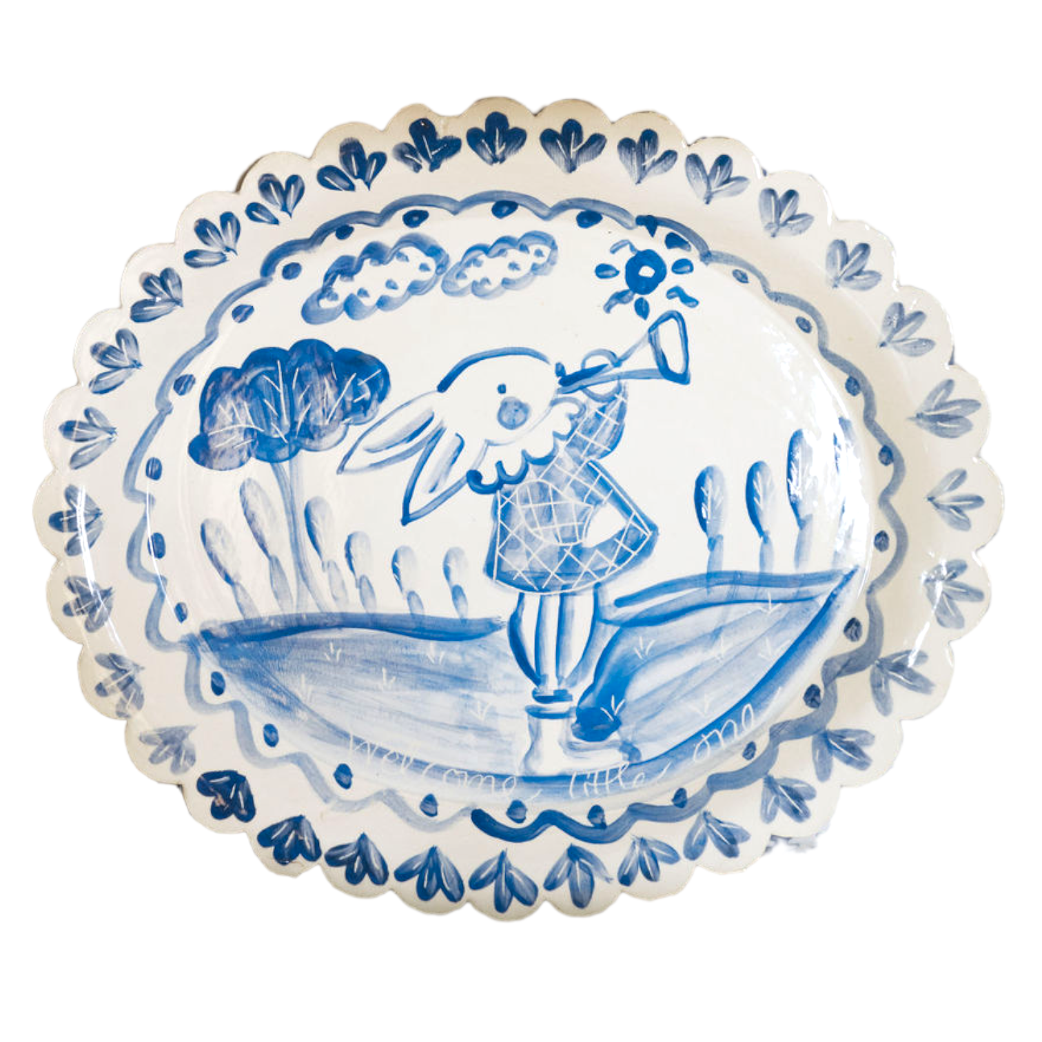 Scalloped Birth Plate - Blue with Rabbit