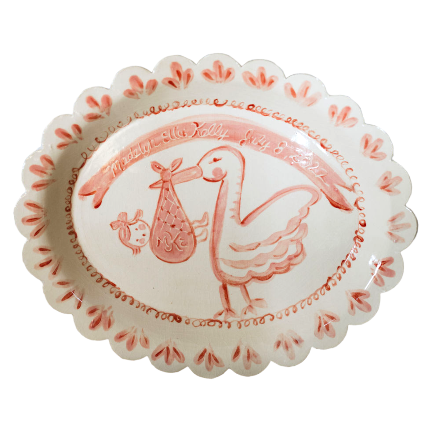 Scalloped Stork Birth Plate - Pink
