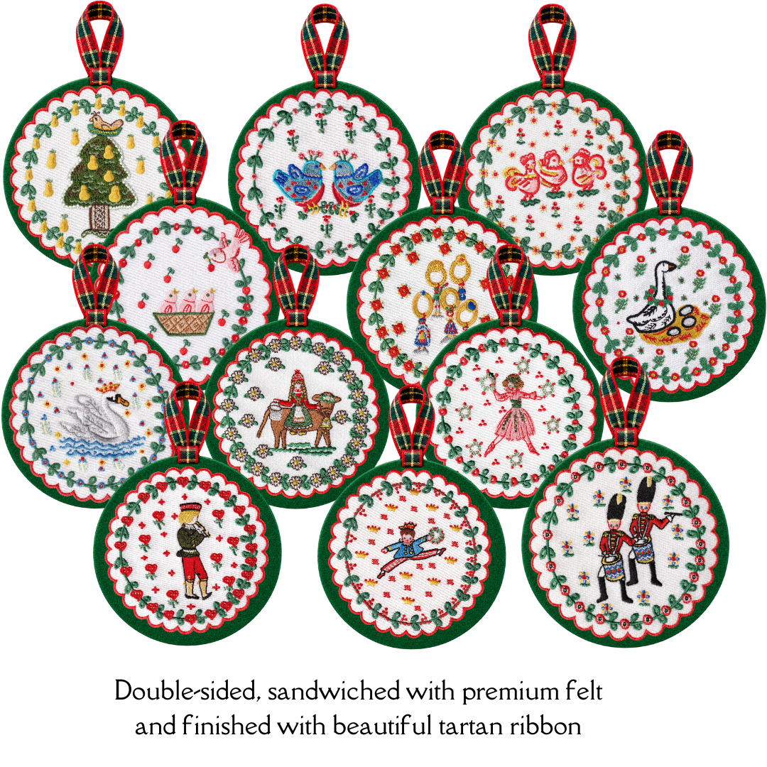 12 Days of Christmas Embroidered Ornament Set (Pre-Order)