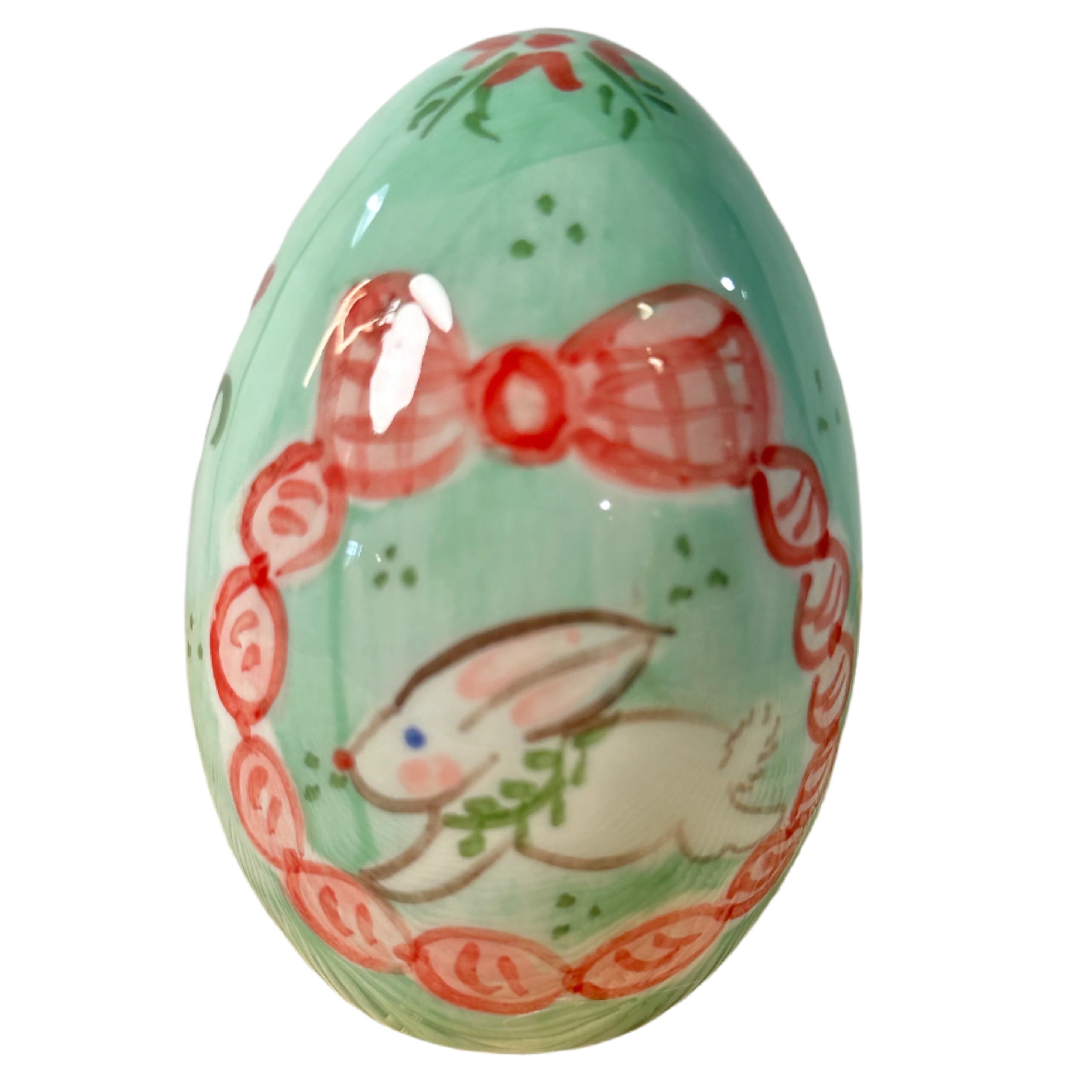 Handpainted Easter Egg - Green with Bunny and Bow Wreath - Premium from Tricia Lowenfield Design