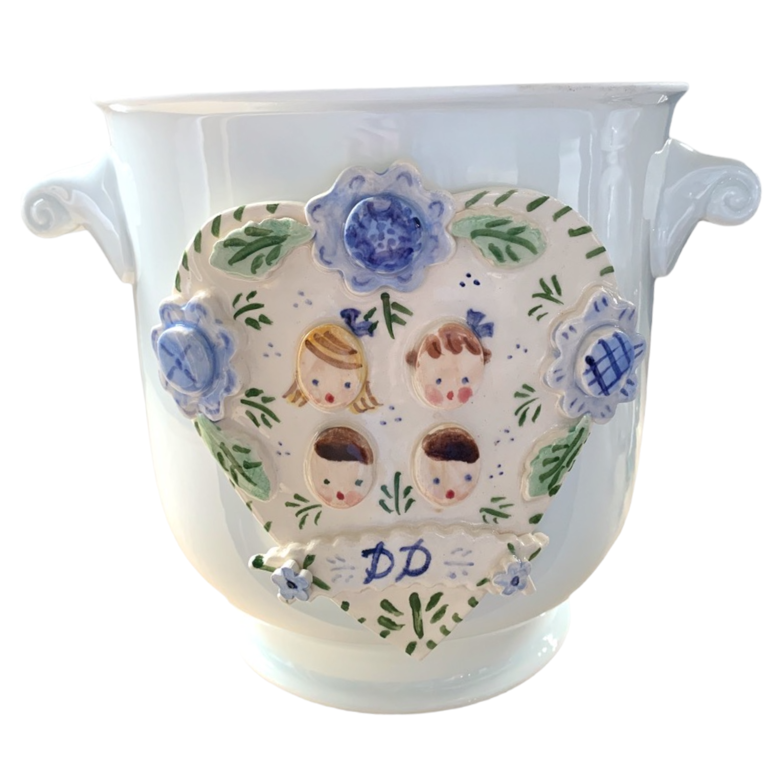 Cache Pot with Children's Faces - Blue Flowers and Heart