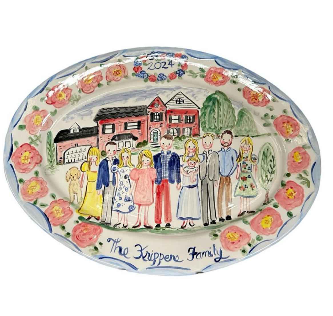Large Custom Platter - Family with Pink Flowers (Full Color) - Premium Platter from Tricia Lowenfield Design