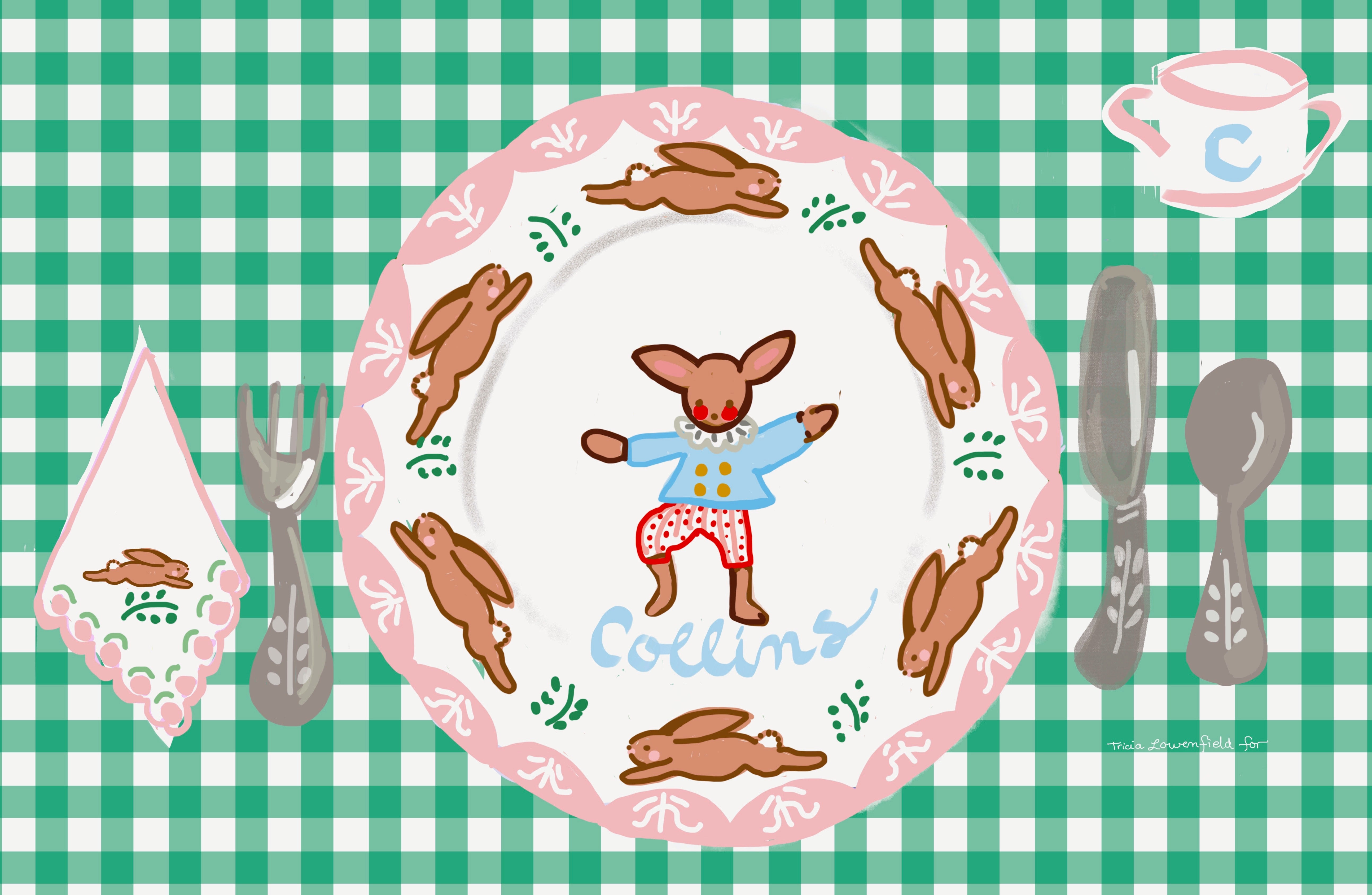 Laminated Placemat - Bunny on Green Gingham - Premium from Tricia Lowenfield Design
