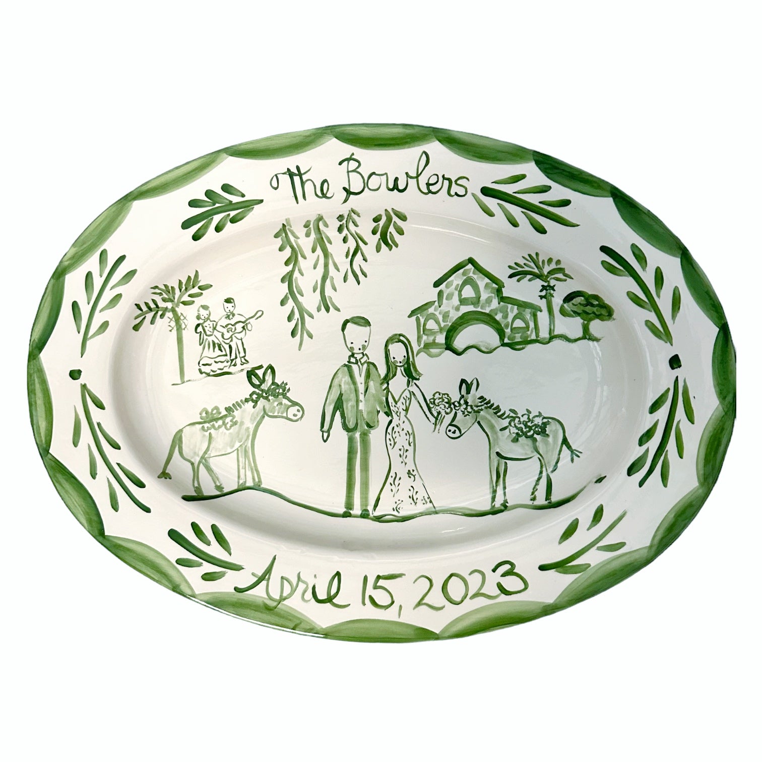 Large Custom Bride and Groom Platter (Green and White) - Premium Platter from Tricia Lowenfield Design