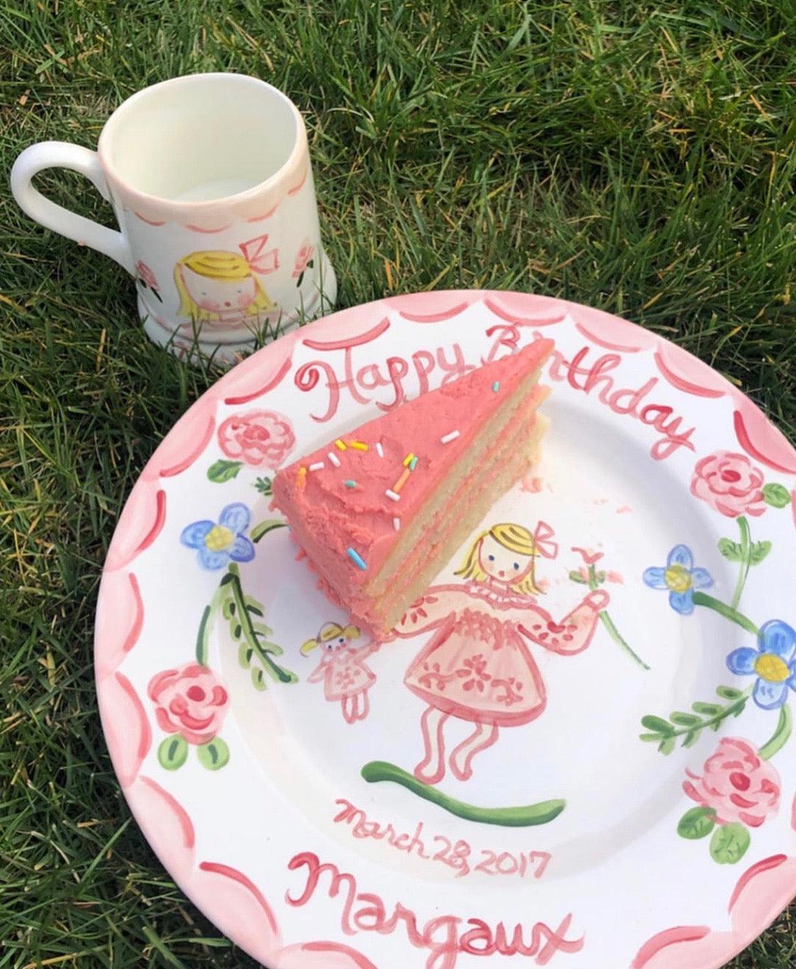 Birthday Plate - Pink Girl with Tall Flowers (Full Color)