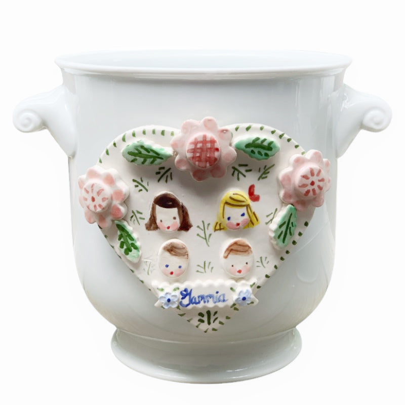 Cache Pot with Children's Faces - Pink Flowers and Heart from Tricia Lowenfield Shop