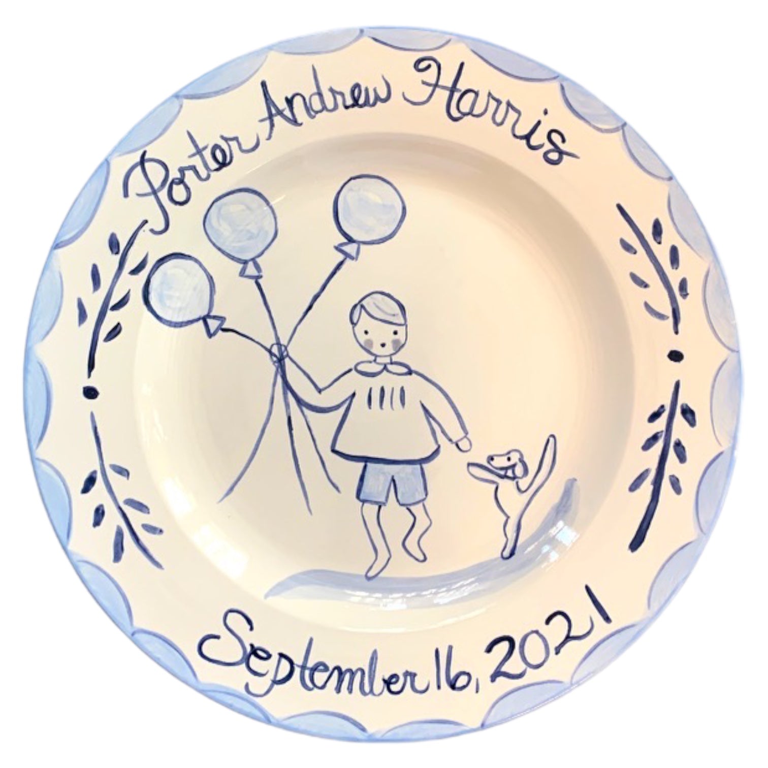 Birthday Plate - Boy with Balloons and Dog (Blue/White) - Premium  from Tricia Lowenfield Shop 