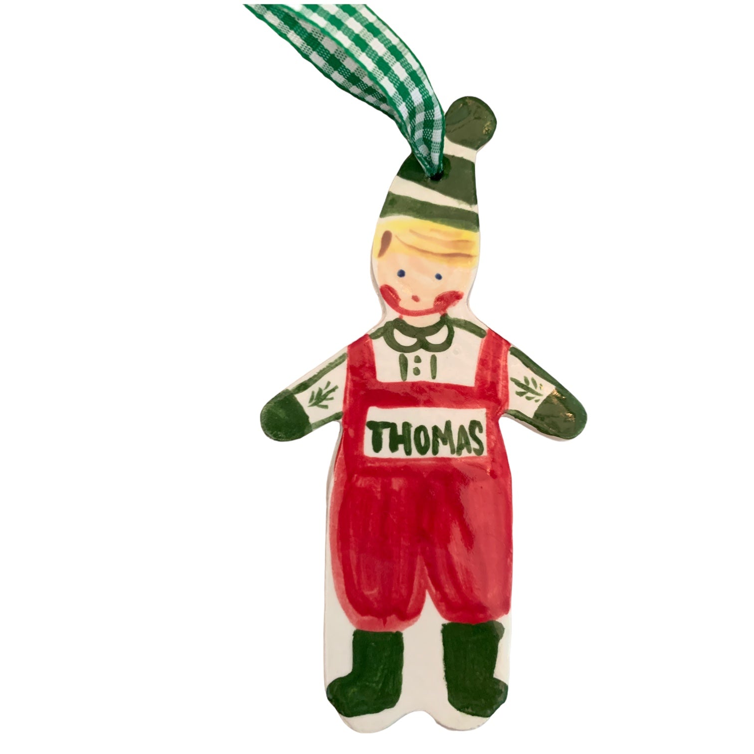 Christmas Boy Ornament - Red Overalls