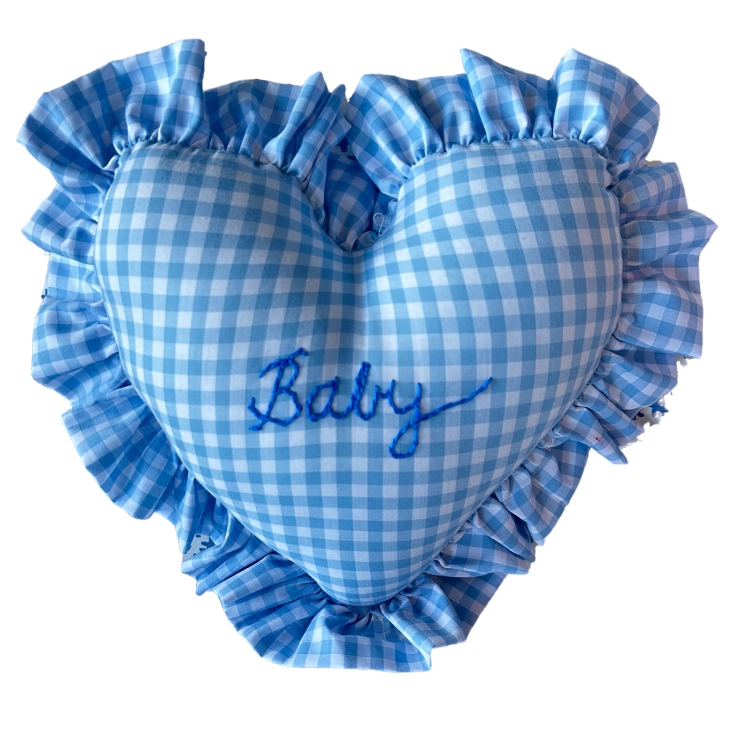 Heart Ruffle Pillow - baby blue gingham - Premium  from Tricia Lowenfield Design 