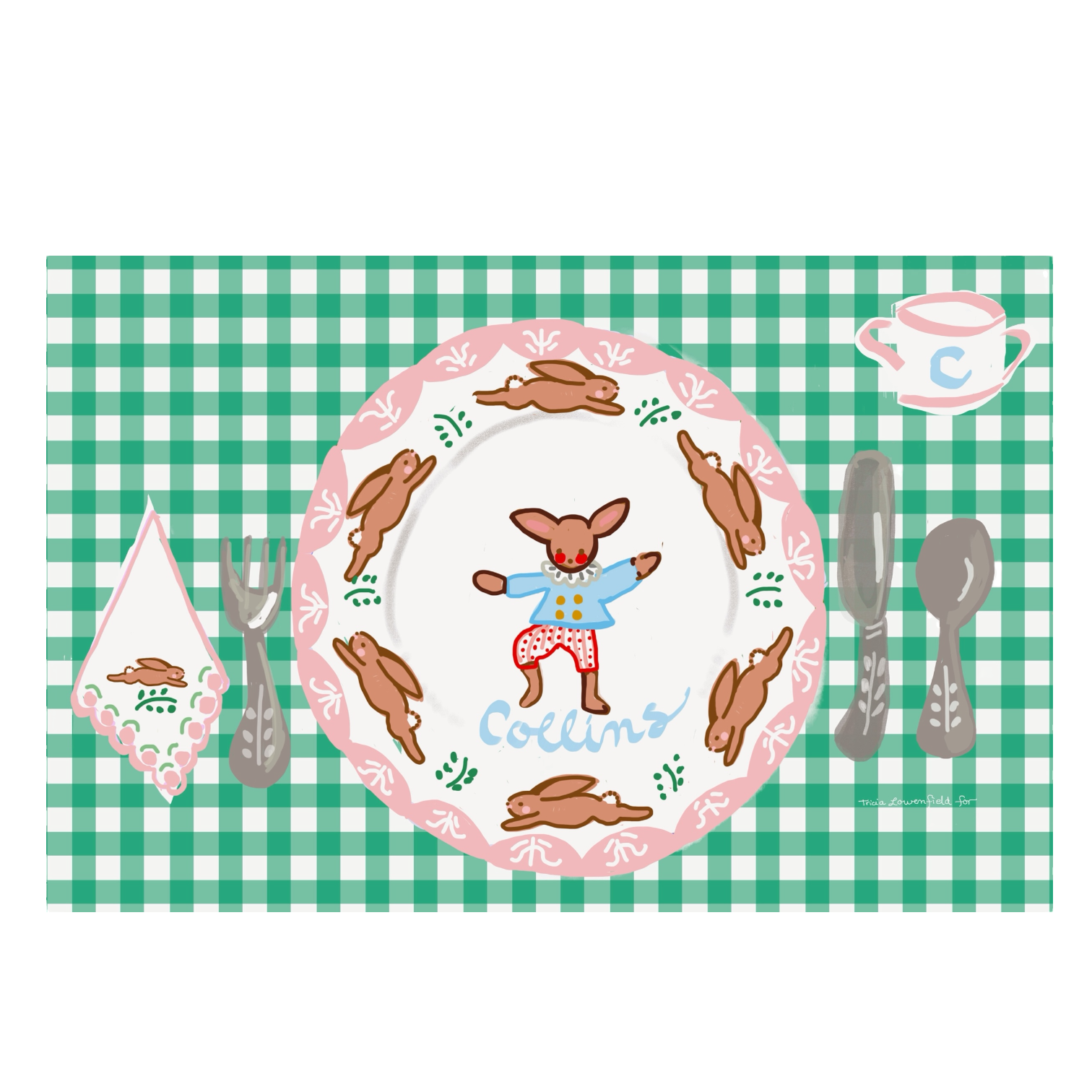 Laminated Placemat - Bunny on Green Gingham - Premium from Tricia Lowenfield Design