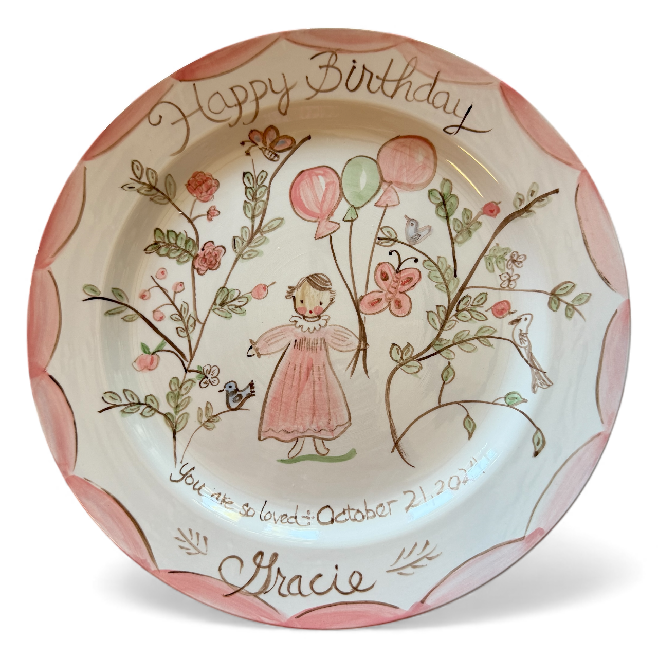 Gracie Birthday Plate - Birds, Butterflies, Flowers