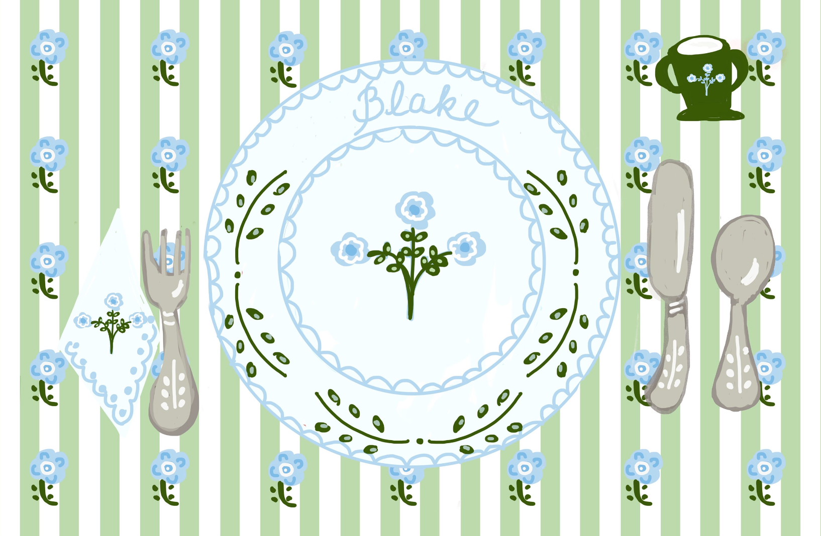 Blake Laminated Placemat - pale green with blockprint flowers