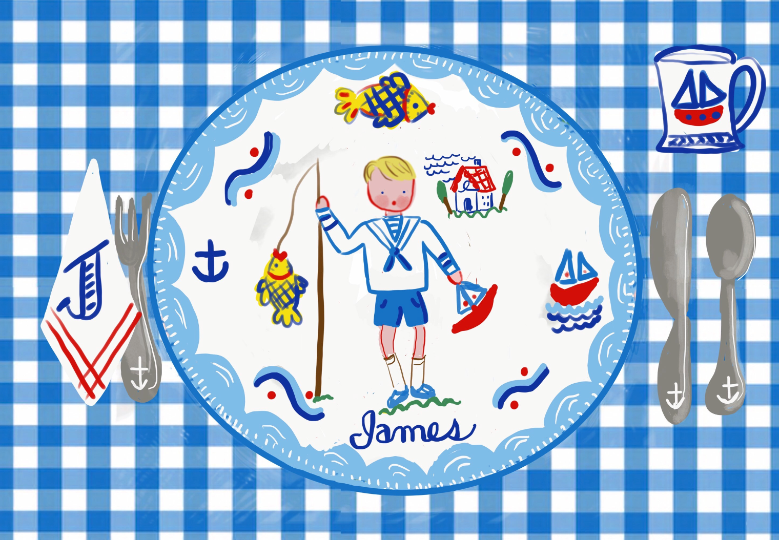 James Laminated Placemat - Blue Gingham Sailboat