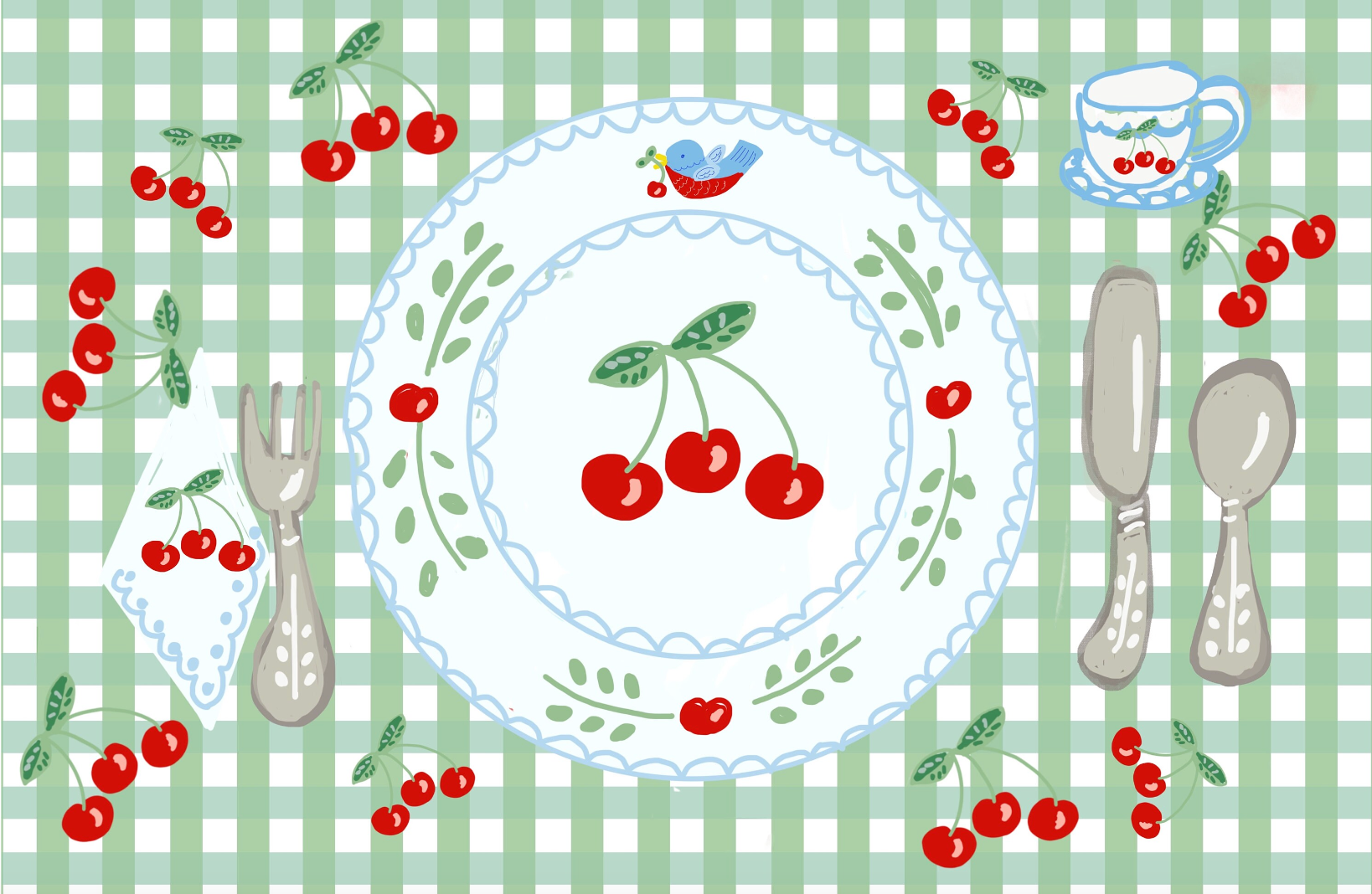 Cherry Laminated Placemat - Green Gingham