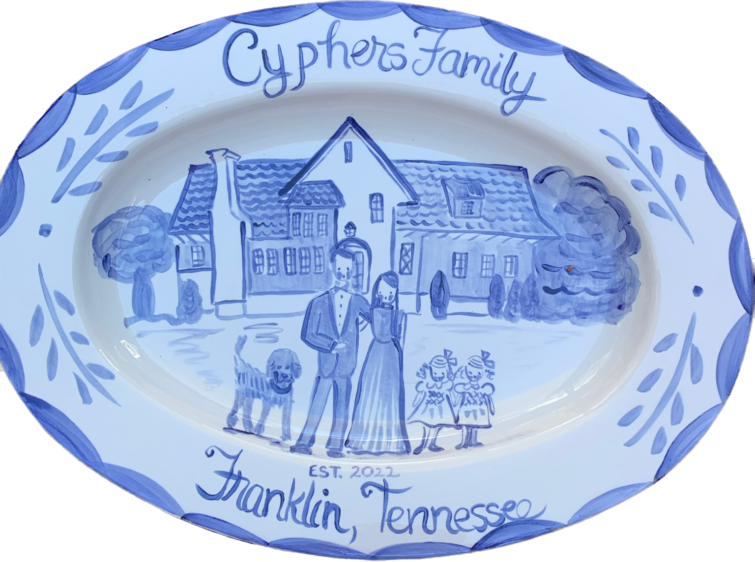 Large Custom Platter - Family and House (Blue and White)