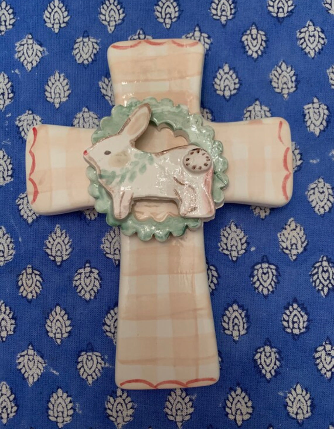 Bunny and Gingham Cross - pink or blue - Tricia Lowenfield Design