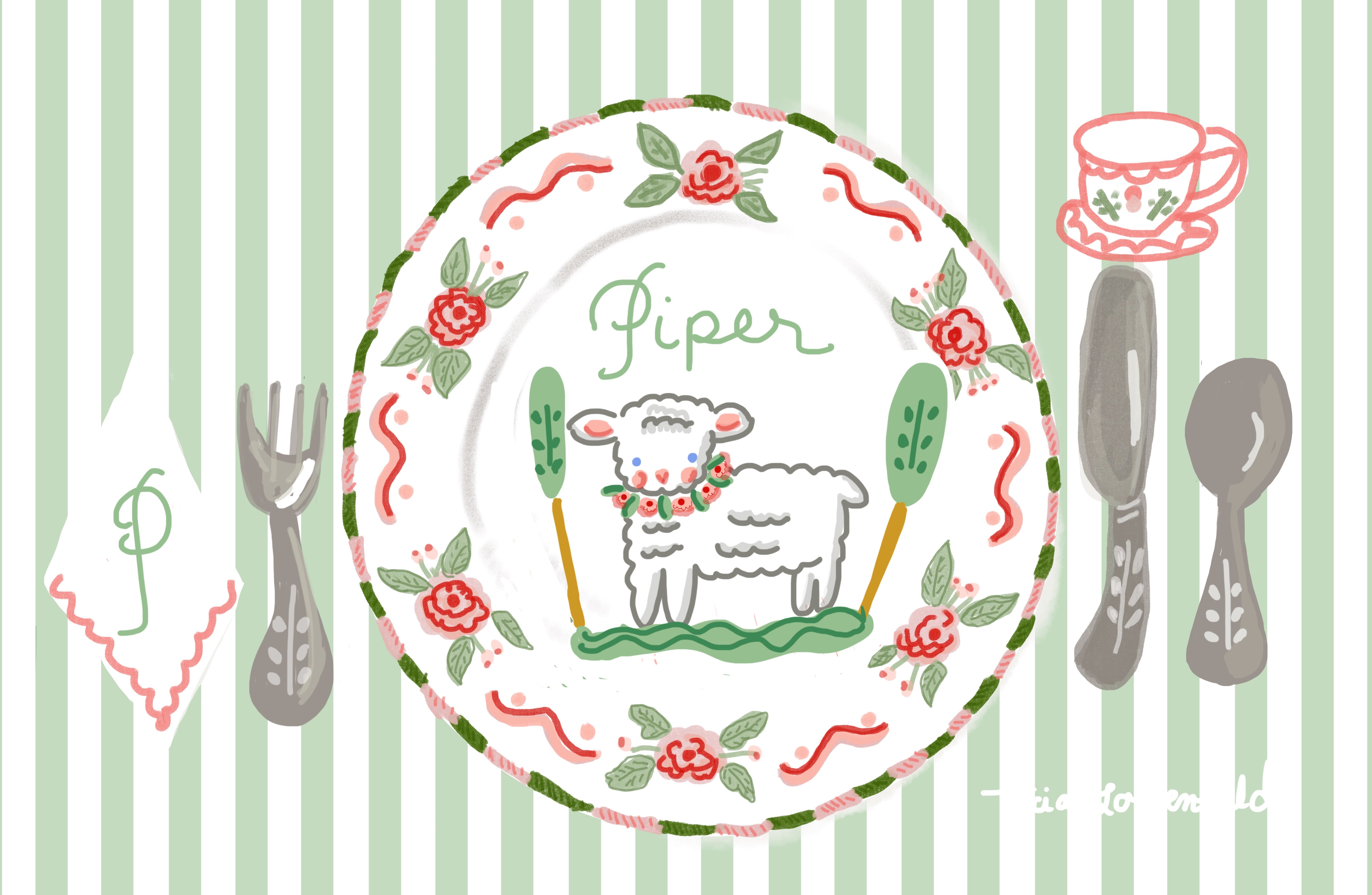 Green Striped Lamb Placemat (personalized) - Premium Placemat from Tricia Lowenfield Design 