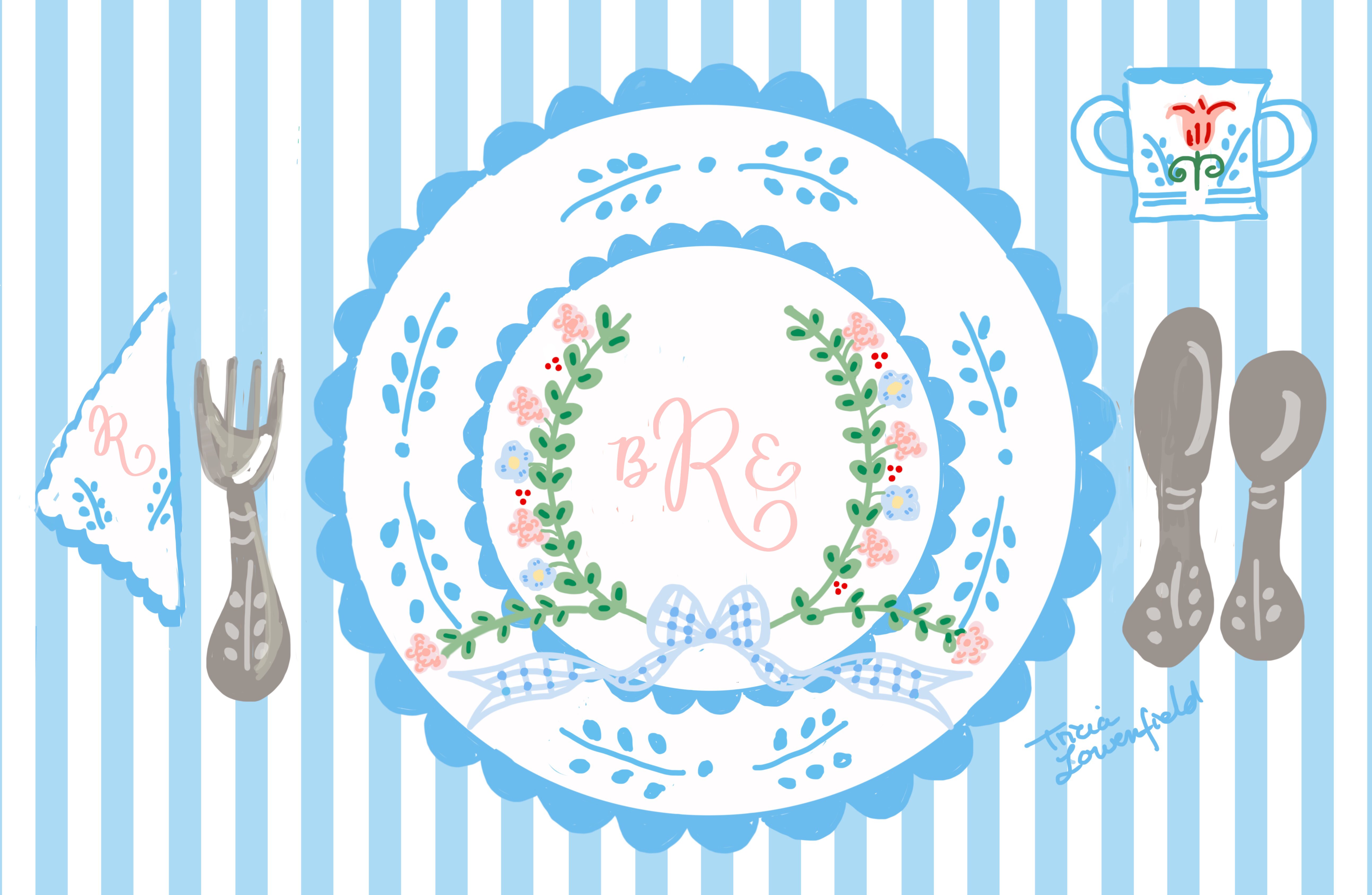 Blue Striped Crest Placemat (personalized) - Premium Placemat from Tricia Lowenfield Design
