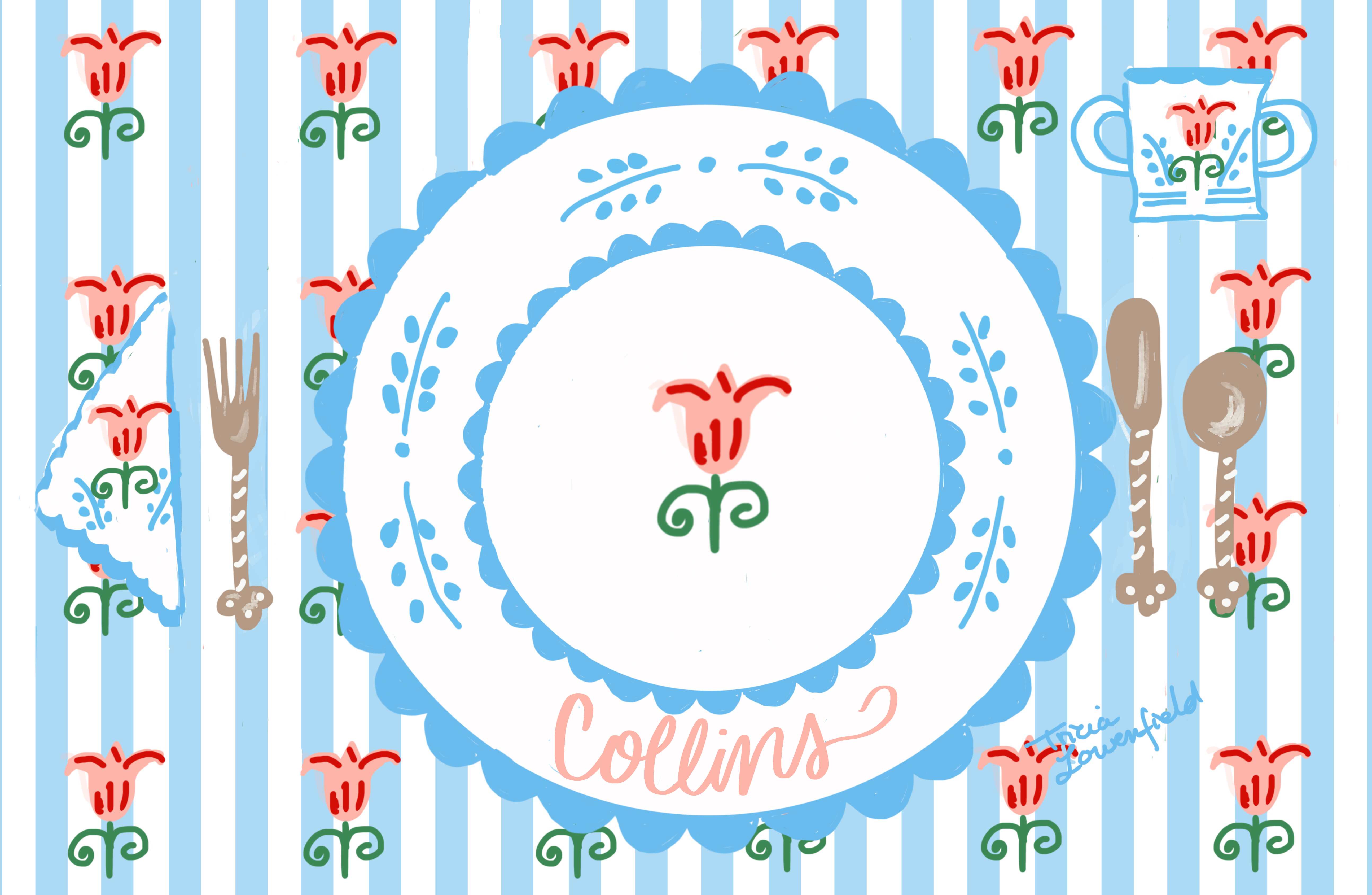 Blue Striped Tulip Placemat (personalized) - Premium Placemat from Tricia Lowenfield Design
