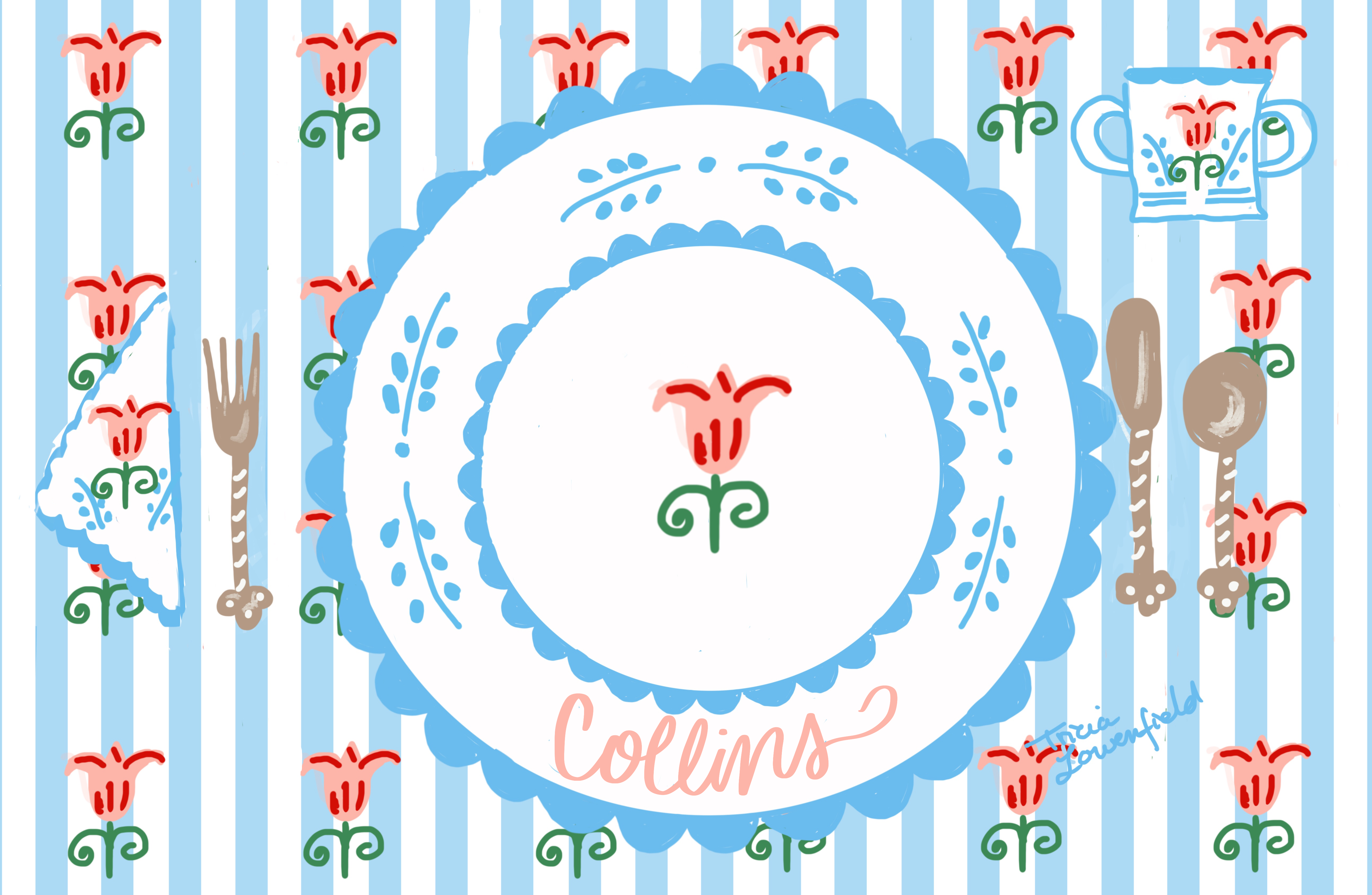 Blue Striped Tulip Placemat (personalized) - Premium Placemat from Tricia Lowenfield Design 