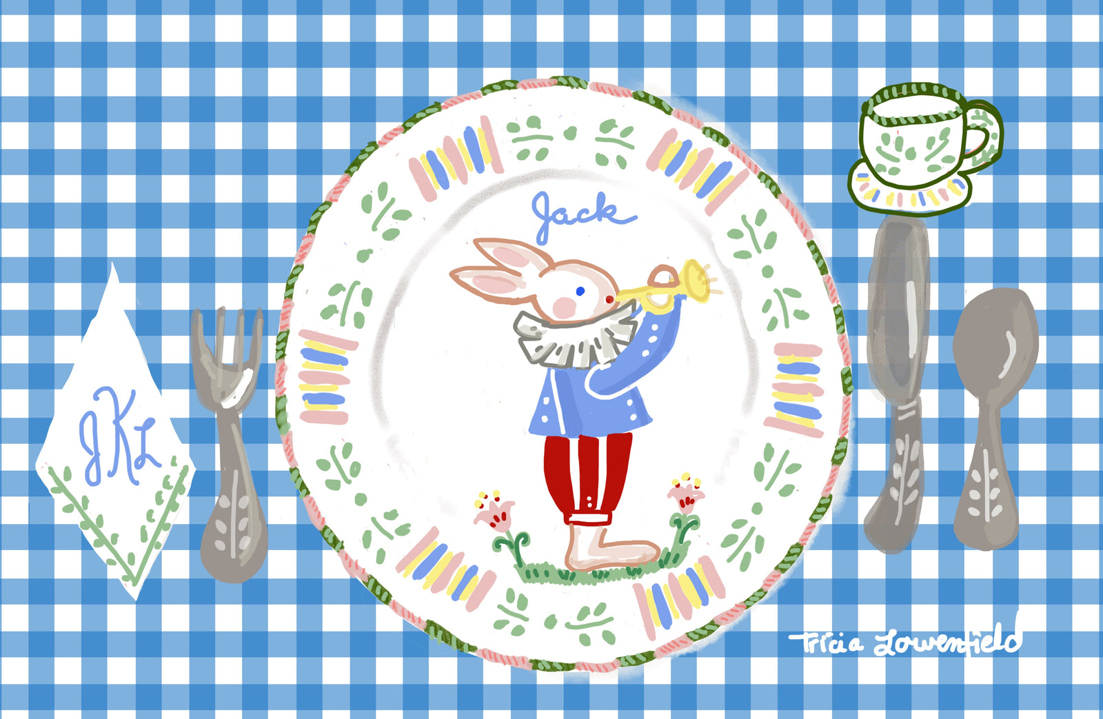 Blue Gingham Troubadour Bunny Placemat (personalized)