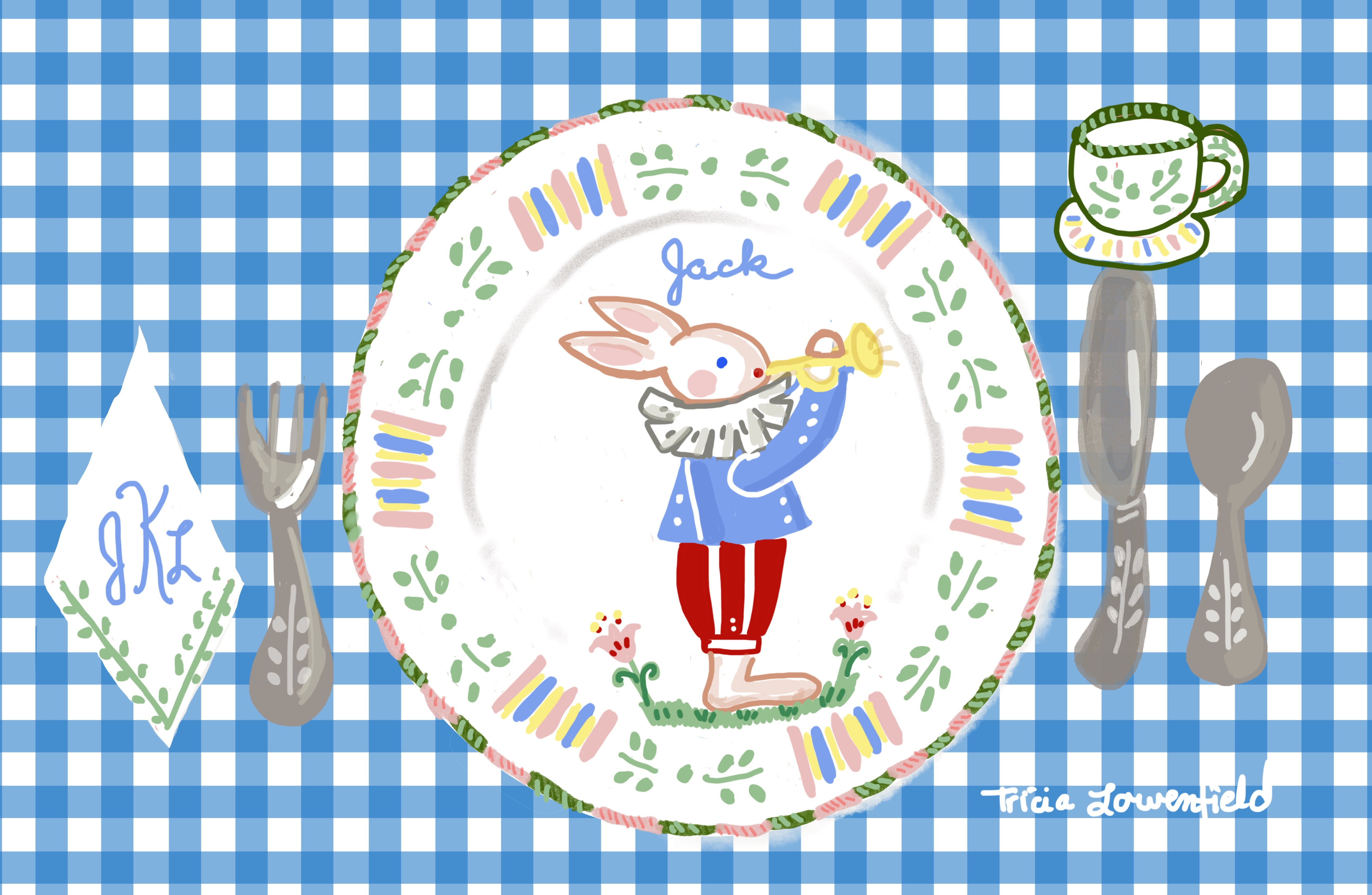 Blue Gingham Troubadour Bunny Placemat (personalized) - Premium Placemat from Tricia Lowenfield Design 