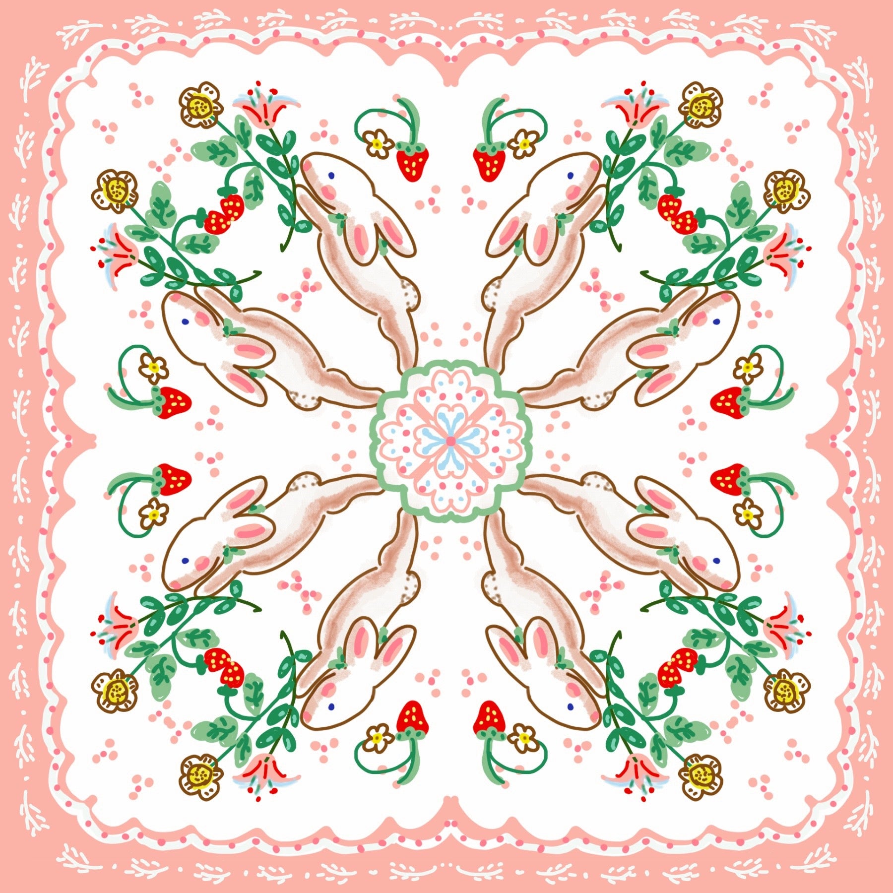 Large Silk Whimsical Scarf - Pink Bunnies