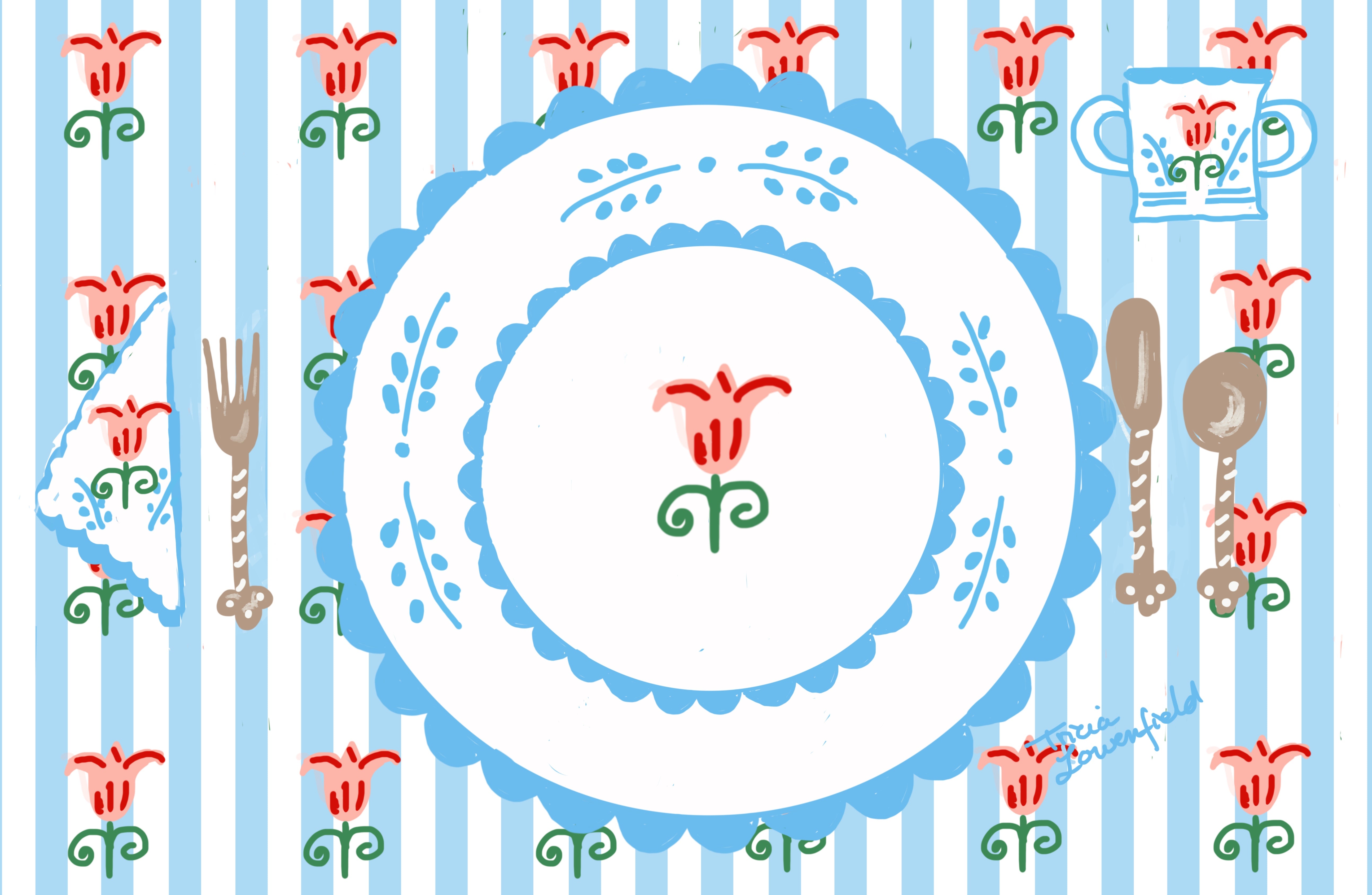 Blue Striped Tulip Placemat (personalized) - Premium Placemat from Tricia Lowenfield Design