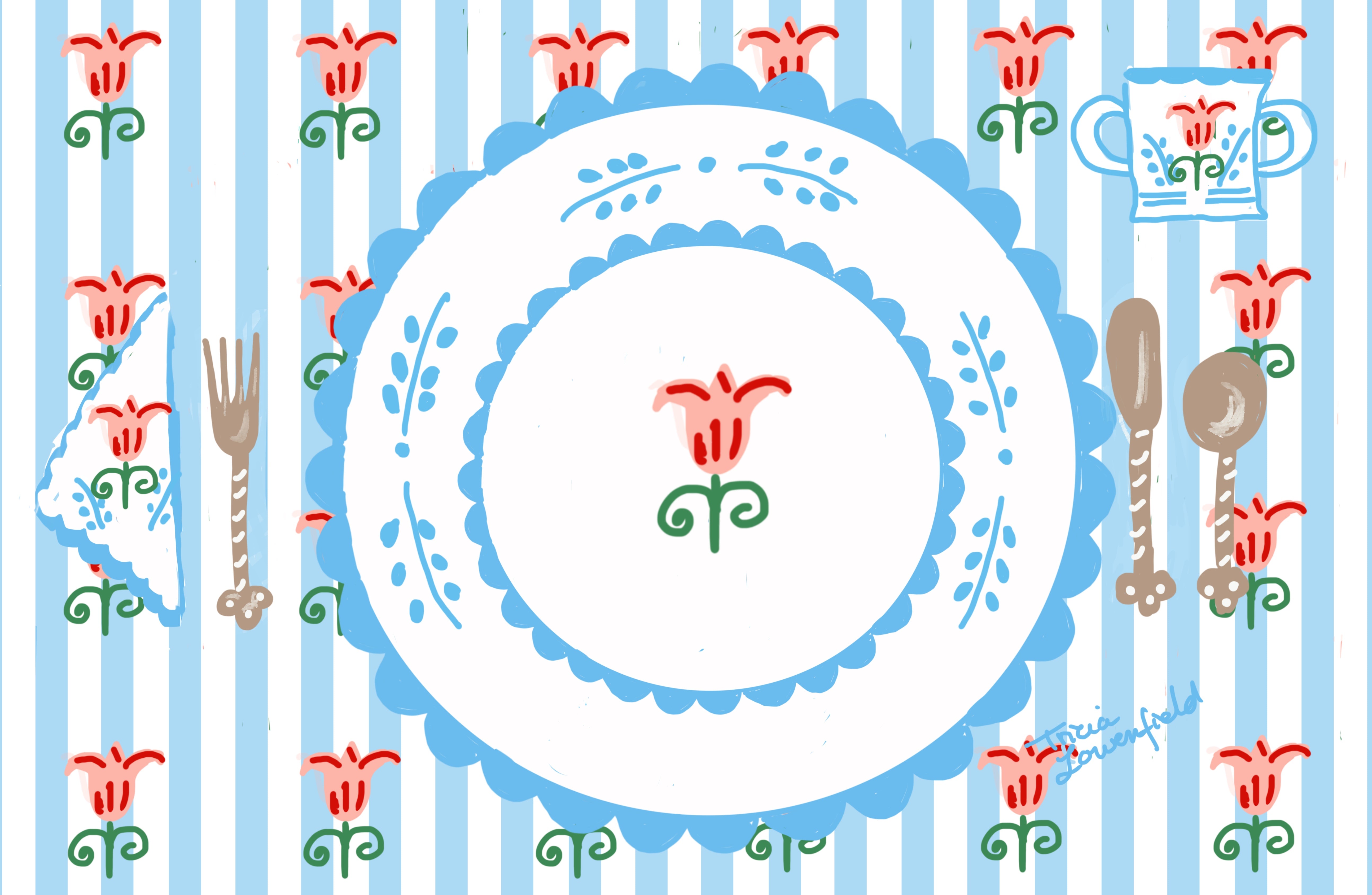 Blue Striped Tulip Placemat (personalized) - Premium Placemat from Tricia Lowenfield Design 