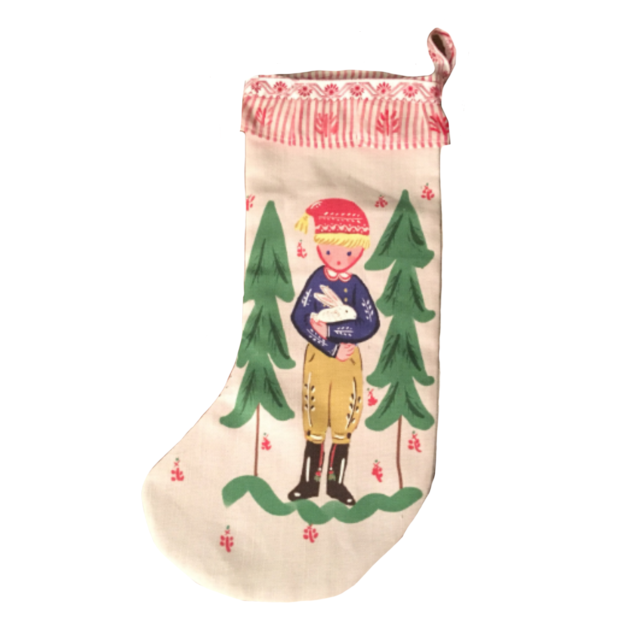 Stocking - Boy with Bunny and Trees - Tricia Lowenfield Design