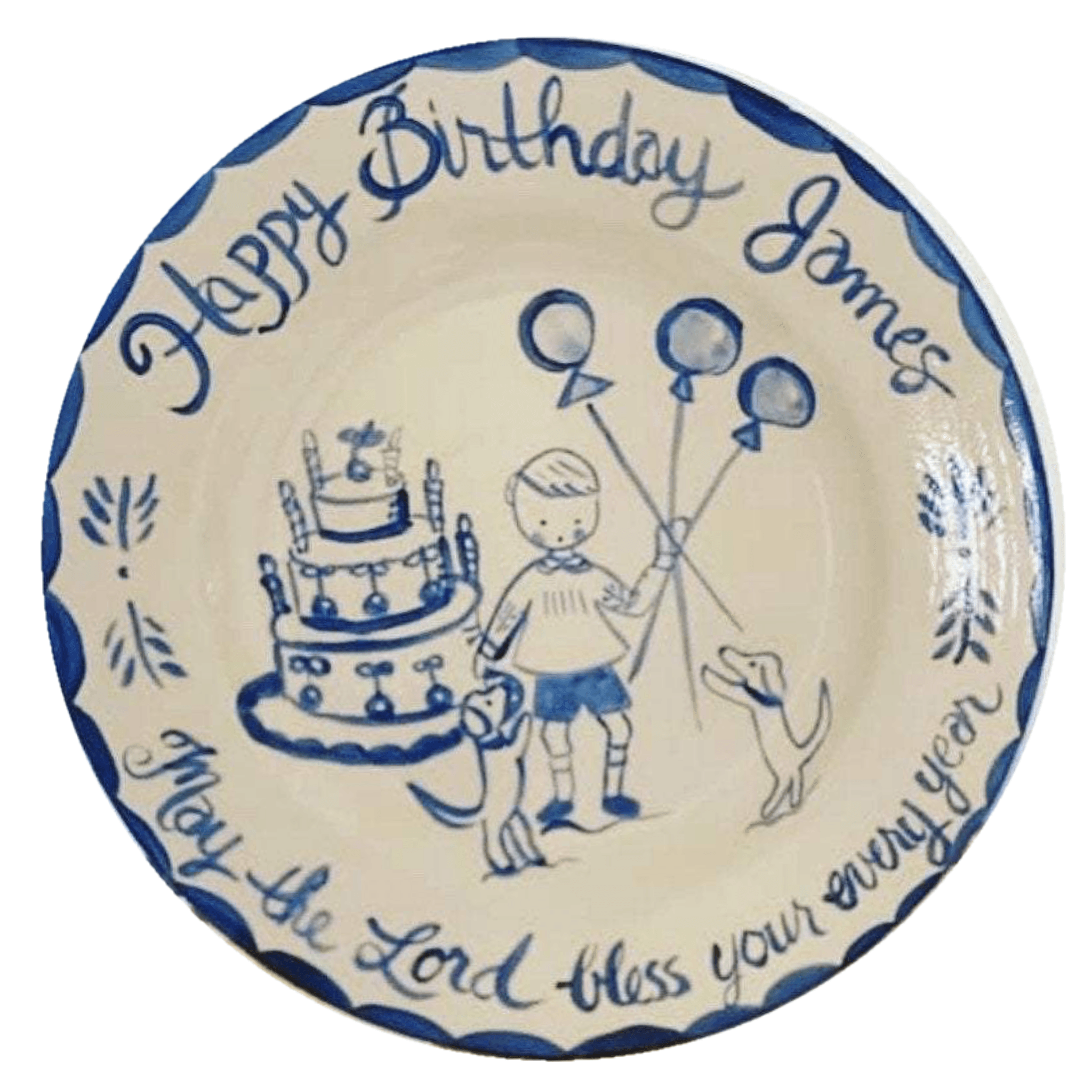 Birthday Plate - Balloons, Cake, Dogs (Blue/White) - Premium  from Tricia Lowenfield Shop 