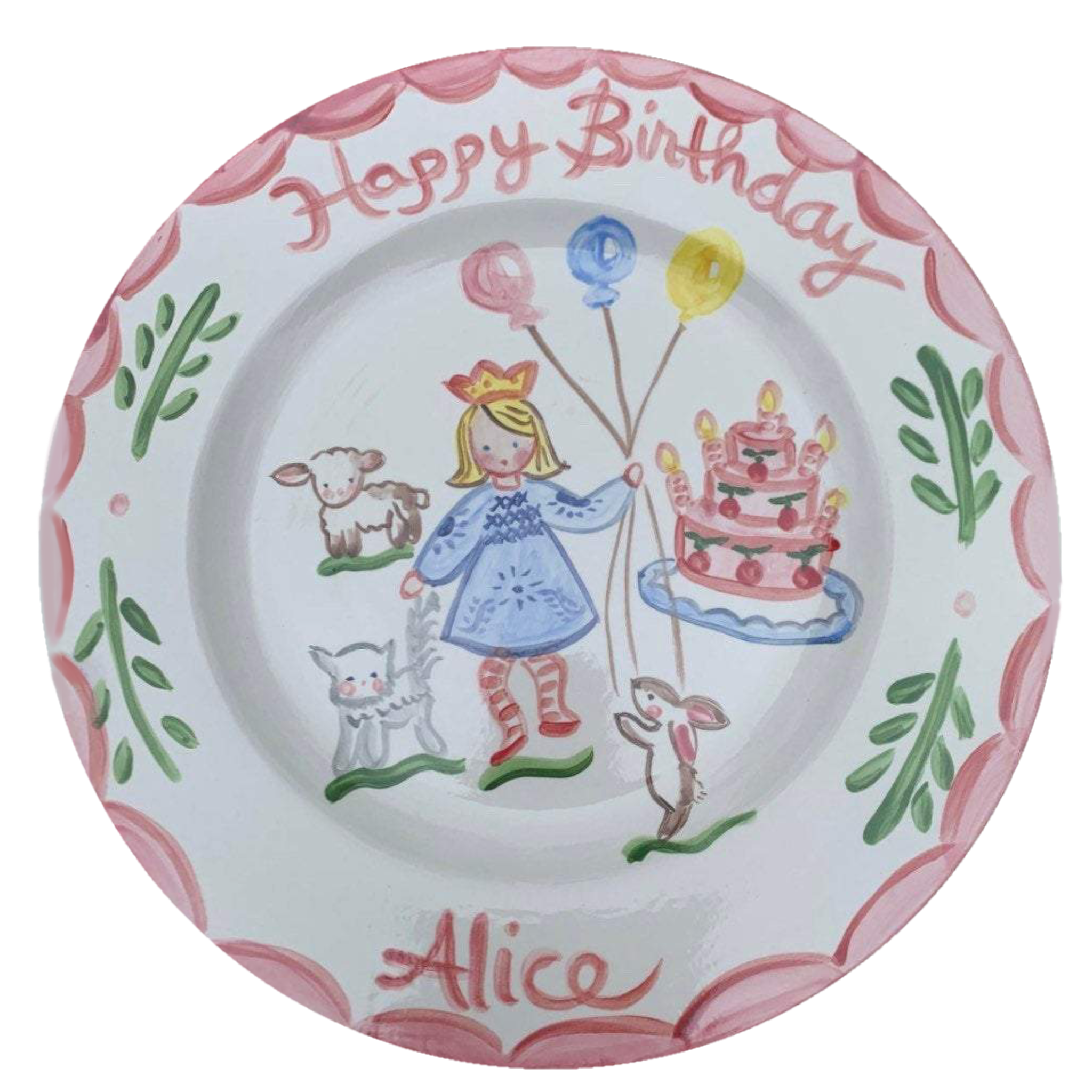 Birthday Plate - Girl, Cake, Balloons, Animals (Full Color) - Premium  from Tricia Lowenfield Shop 