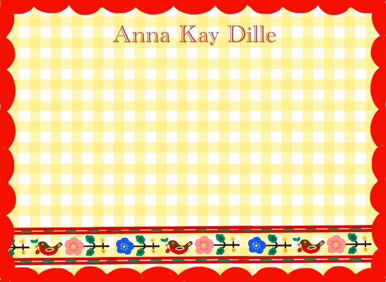 Personalized Notecards with Envelopes -Yellow Gingham Red Border - Premium from Tricia Lowenfield Shop