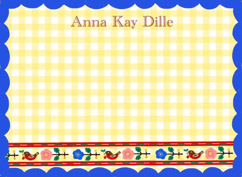 Personalized Notecards with Envelopes -Yellow Gingham Blue Border from Tricia Lowenfield Shop