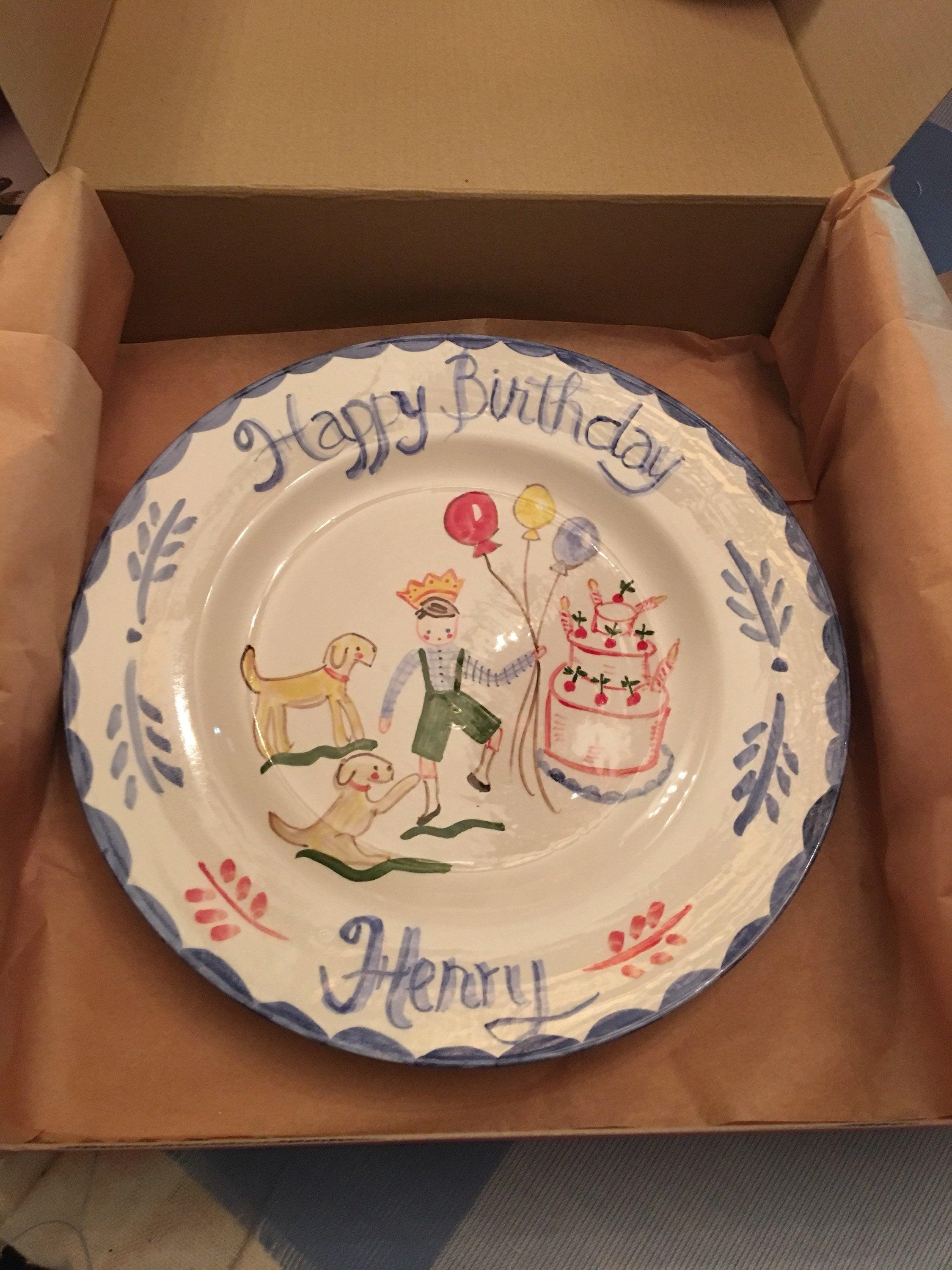 Birthday Plate - Boy with Cake and Yellow Dogs (Full Color) - Premium  from Tricia Lowenfield Shop 