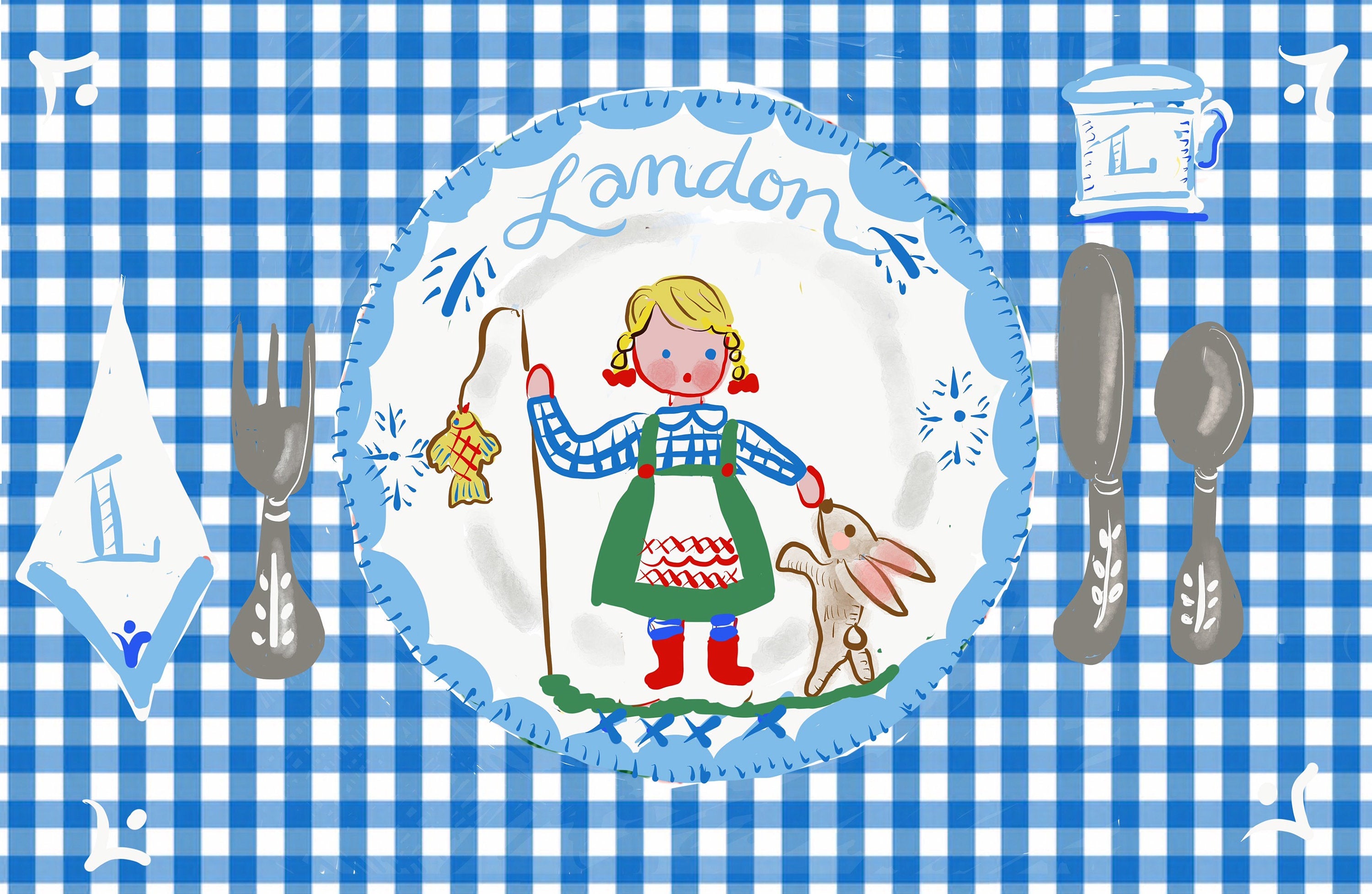 Laminated Placemat - Blue Fisherman Girl and Bunny - Tricia Lowenfield Design