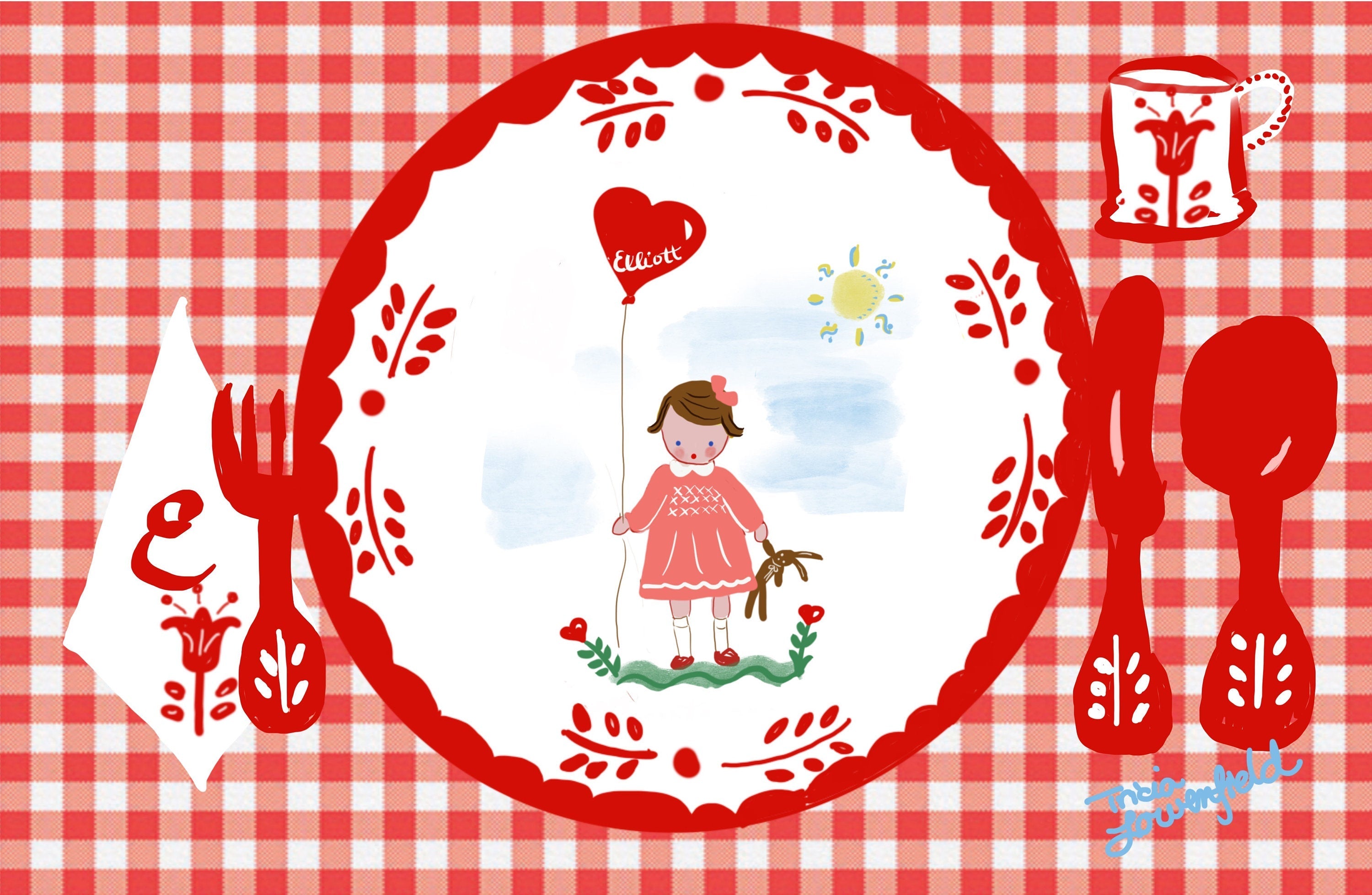 Laminated Placemat - Red Gingham Girl with Balloon - Premium  from Tricia Lowenfield Shop 
