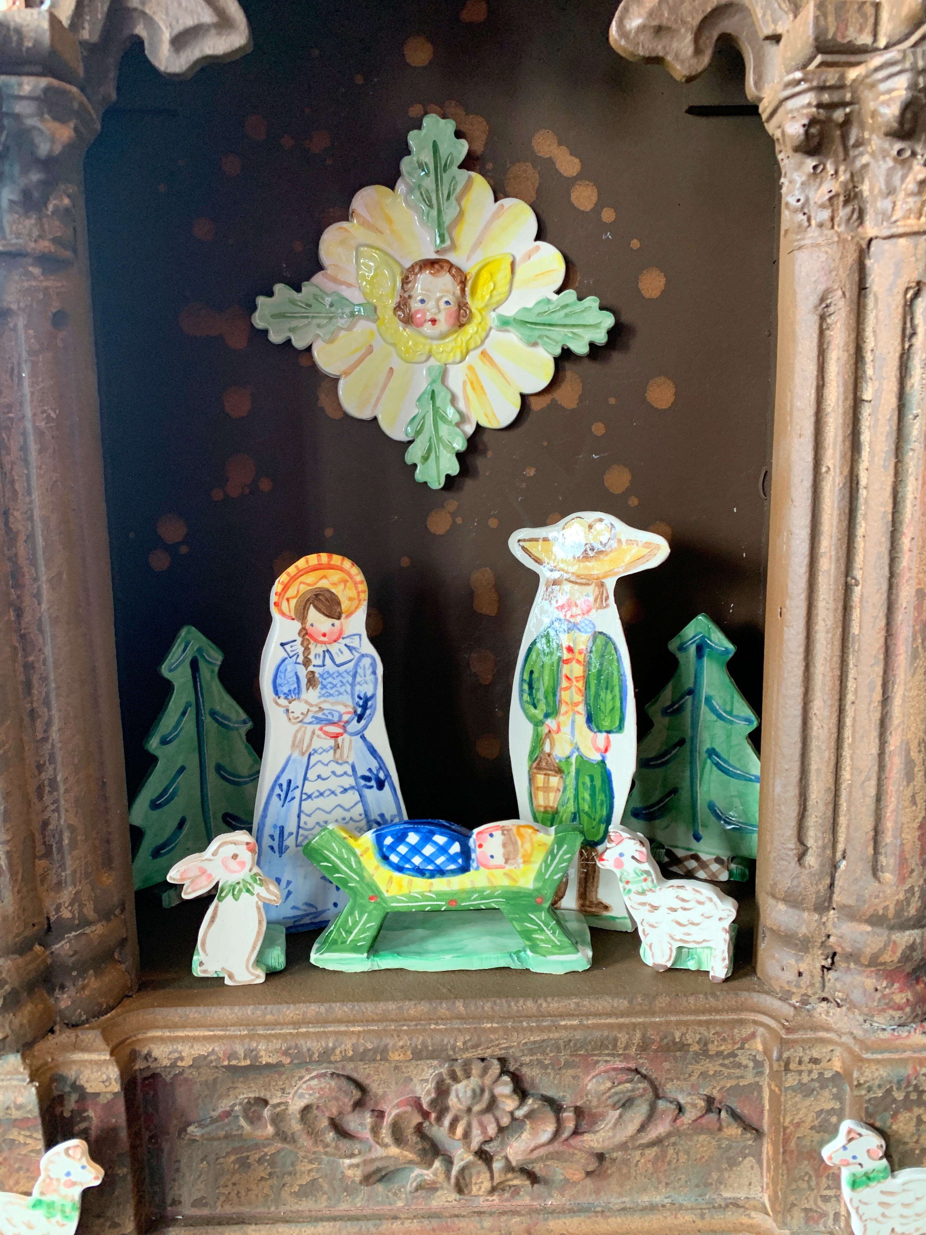 Ceramic Nativity in Custom-Made Wooden Grotto - Premium  from Tricia Lowenfield Design 