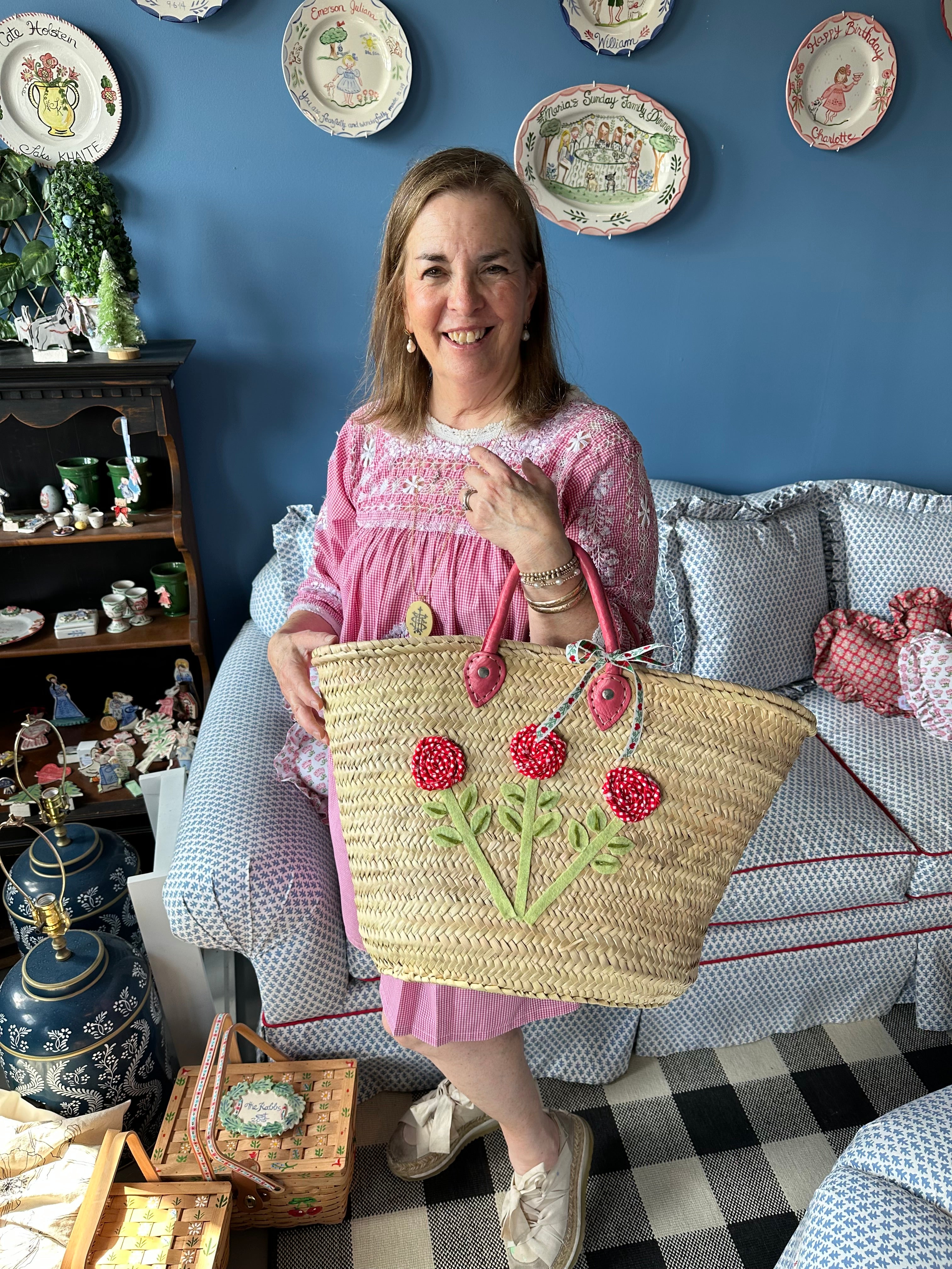 Big Embroidered Bag / Basket / French Market Basket / Straw Basket