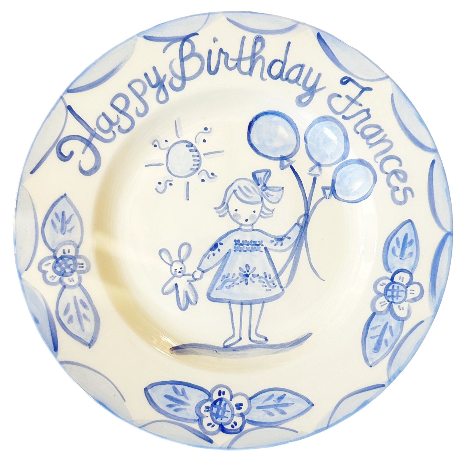 Birthday Plate - Girl with Balloons and Bunny (Blue/White) - Premium  from Tricia Lowenfield Shop 