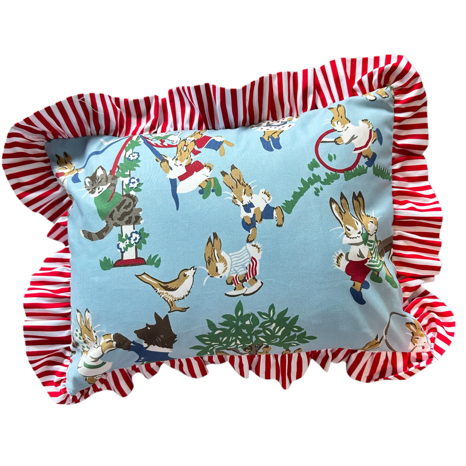 Rectangular Ruffle Pillow - Blue bunny scene