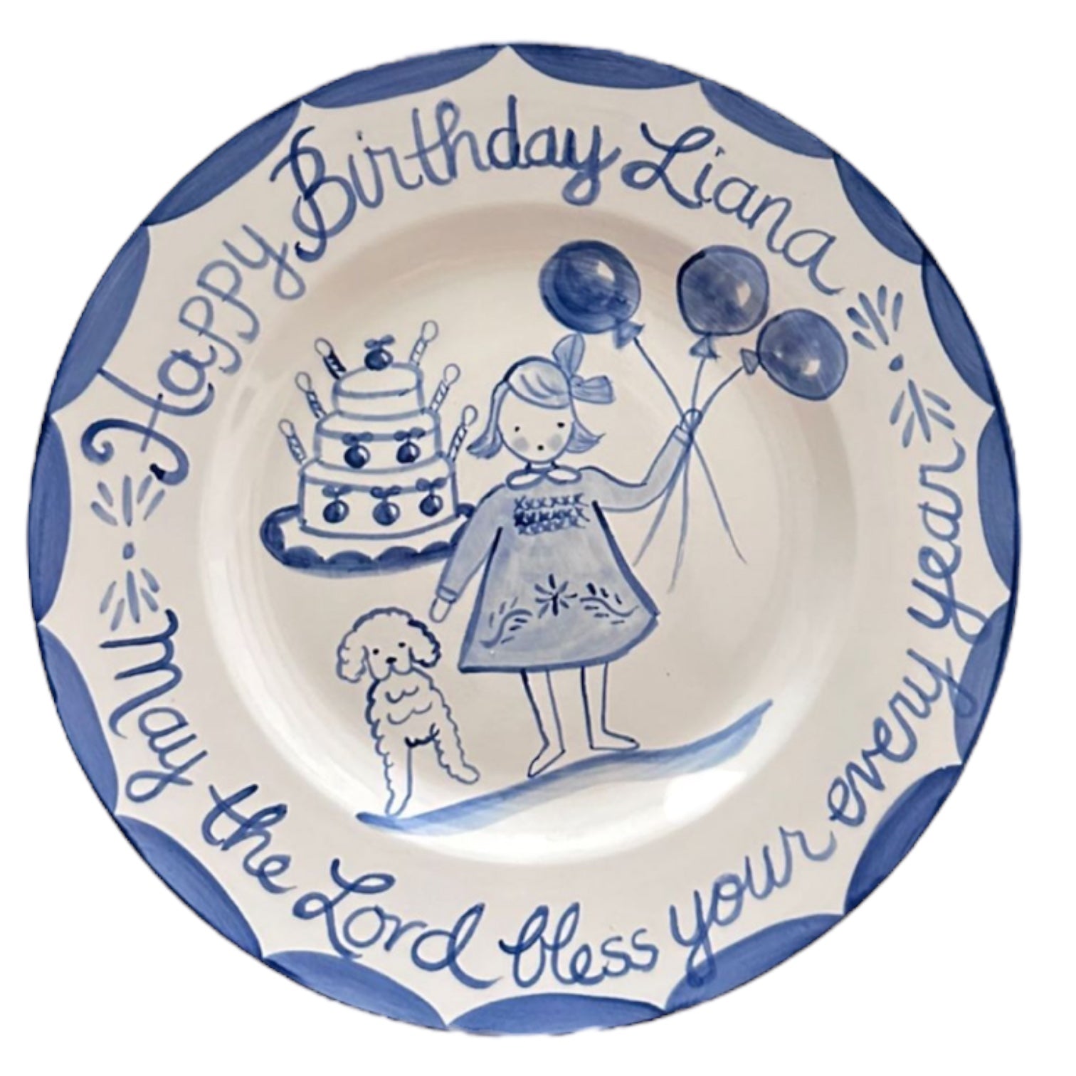 Birthday Plate - Balloons, Cake, Dog (Blue/White) - Premium  from Tricia Lowenfield Shop 
