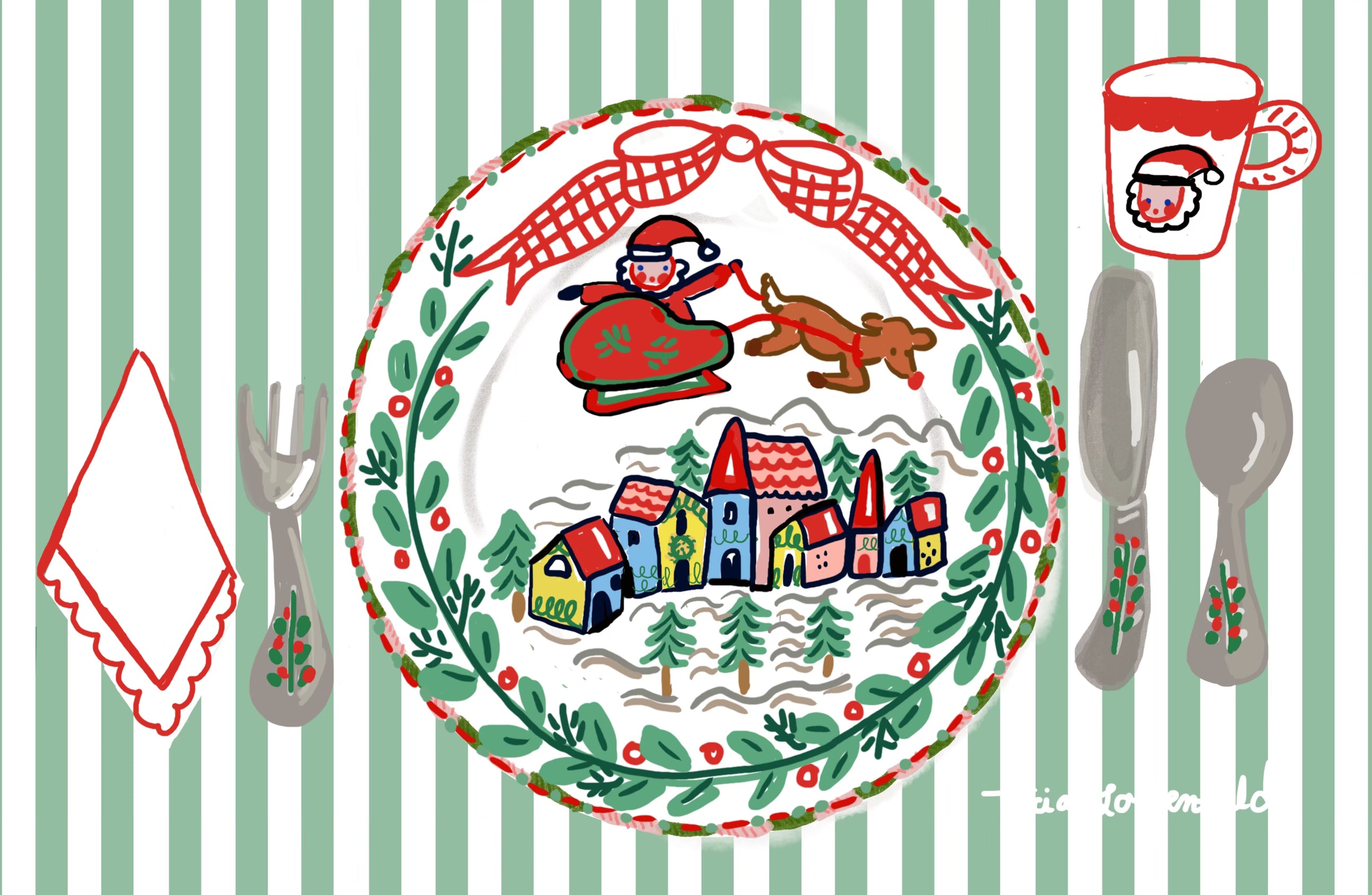 Set of 24 paper placemats - Santa and village