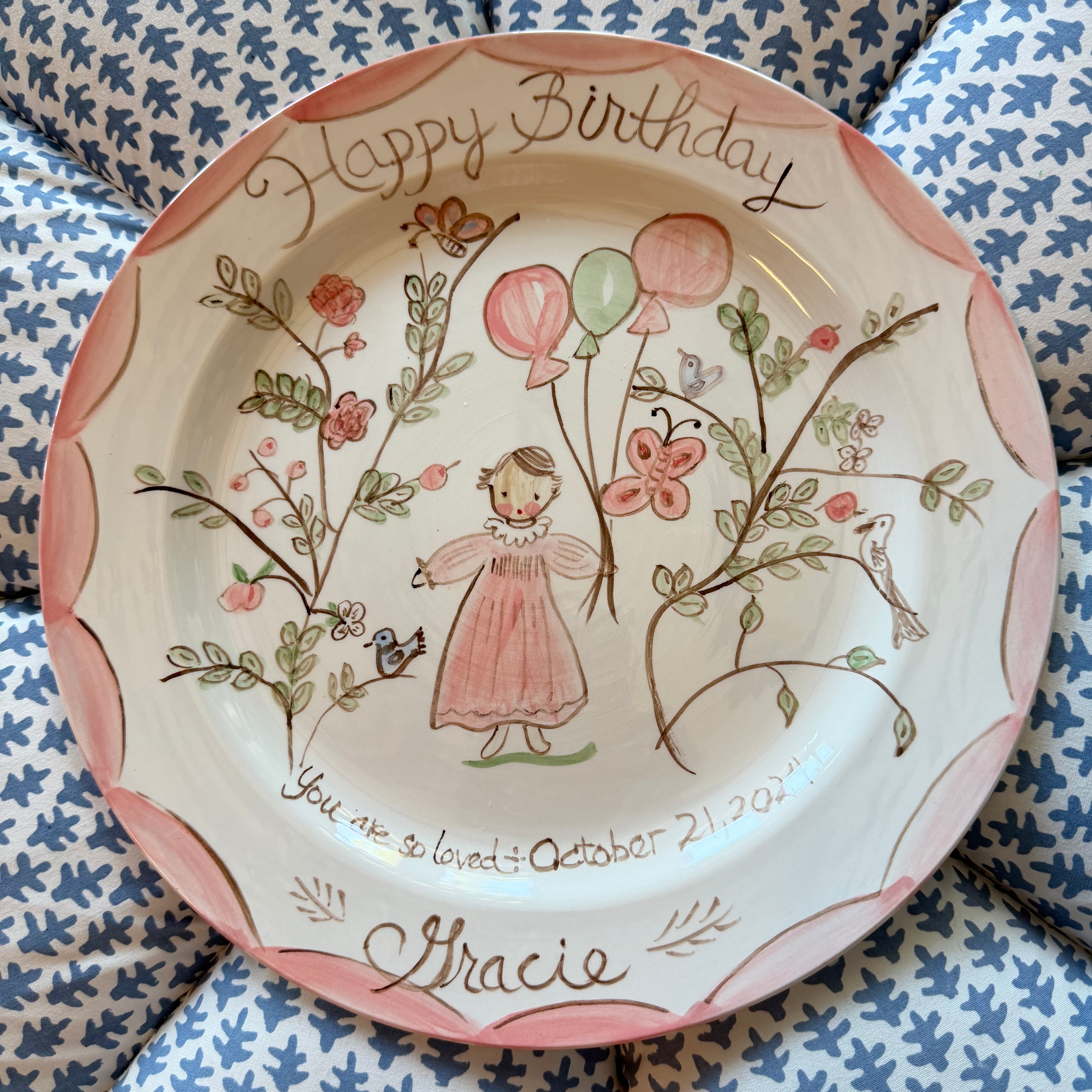 Gracie Birthday Plate - Birds, Butterflies, Flowers