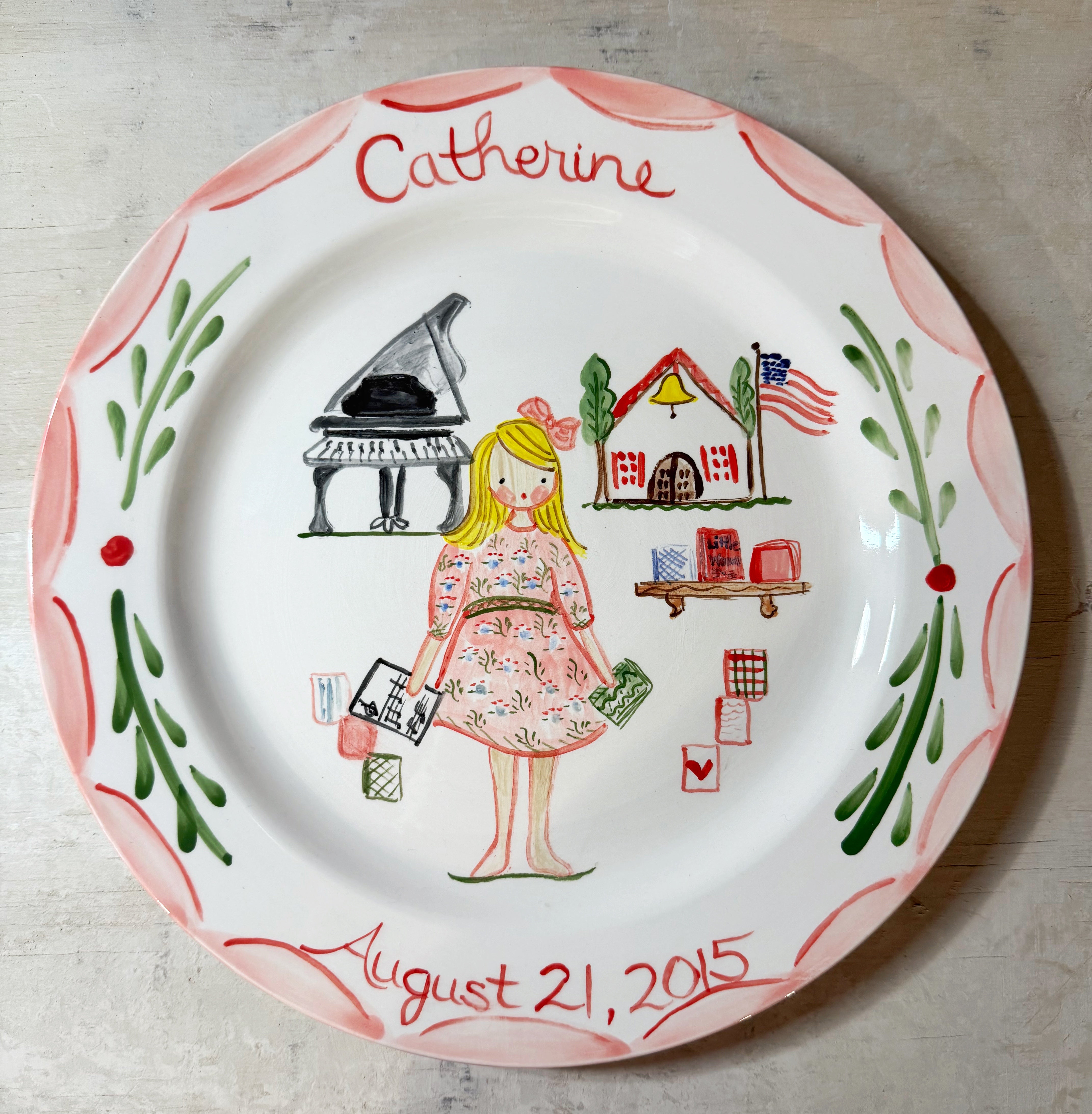 Catherine Birthday Plate - Piano and Schoolhouse