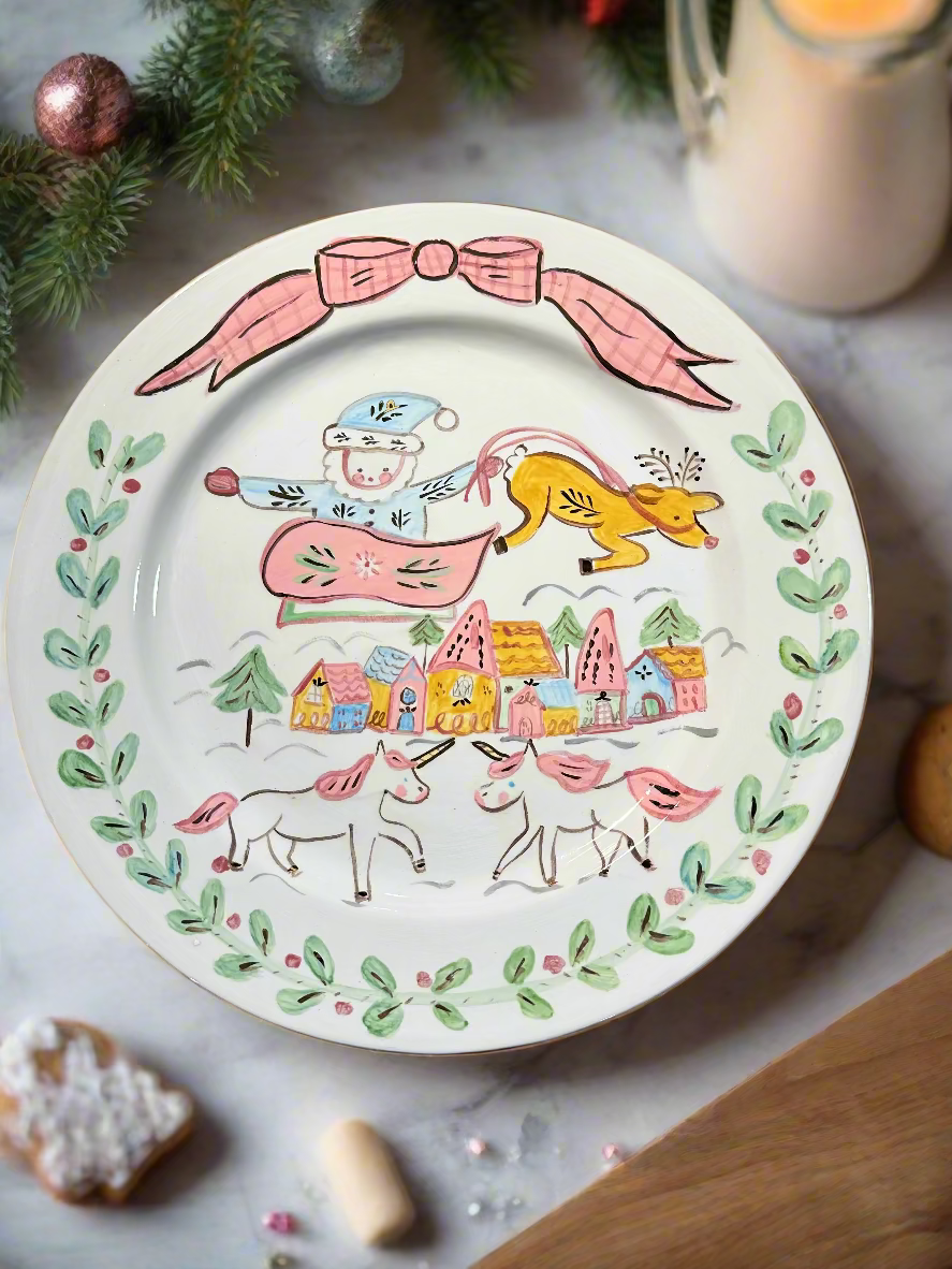 Pastel Santa Village Plate with Gold Detailing