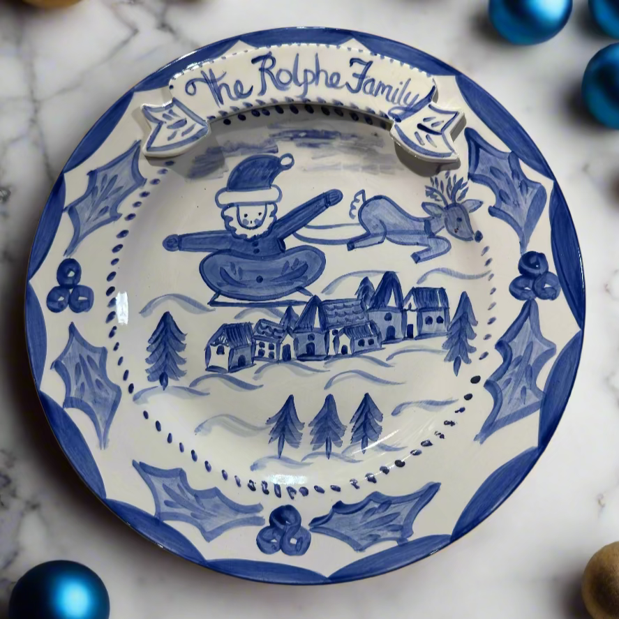 Blue and White Santa Village Plate with Plaque